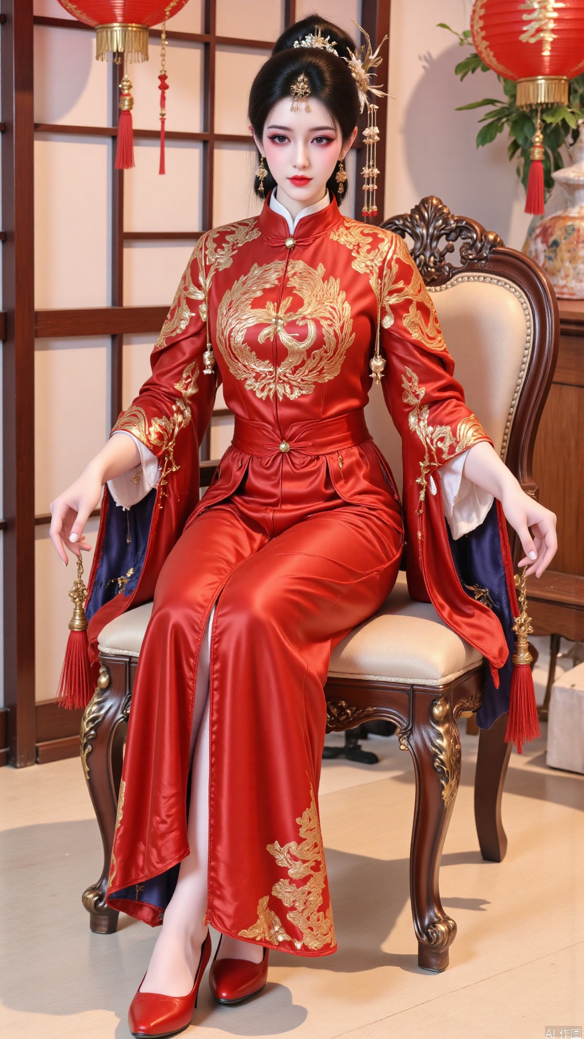 YMJHsqc,1girl,solo,sitting in the chair,black hair,updo,hair ornament,hair flower,earrings,red dress,the red dress is adorned with the golden phoenix embroidery,silk texture,long sleeves,wide sleeves,tassel,jewelry,red footwear,indoors,QipaoQ,yunluo,lanterns, Chinese red, Chinese New Year,W拜年M,yunmeng