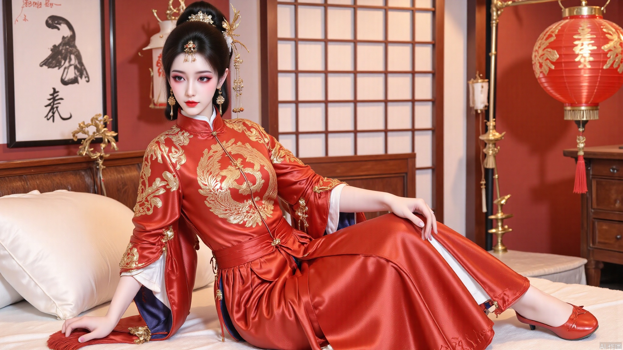 YMJHsqc,1girl,solo,sitting on the bed,black hair,updo,hair ornament,hair flower,earrings,red dress,the red dress is adorned with the golden phoenix embroidery,silk texture,long sleeves,wide sleeves,tassel,jewelry,red footwear,indoors,QipaoQ,yunluo,lanterns, Chinese red, Chinese New Year,W拜年M,yunmeng