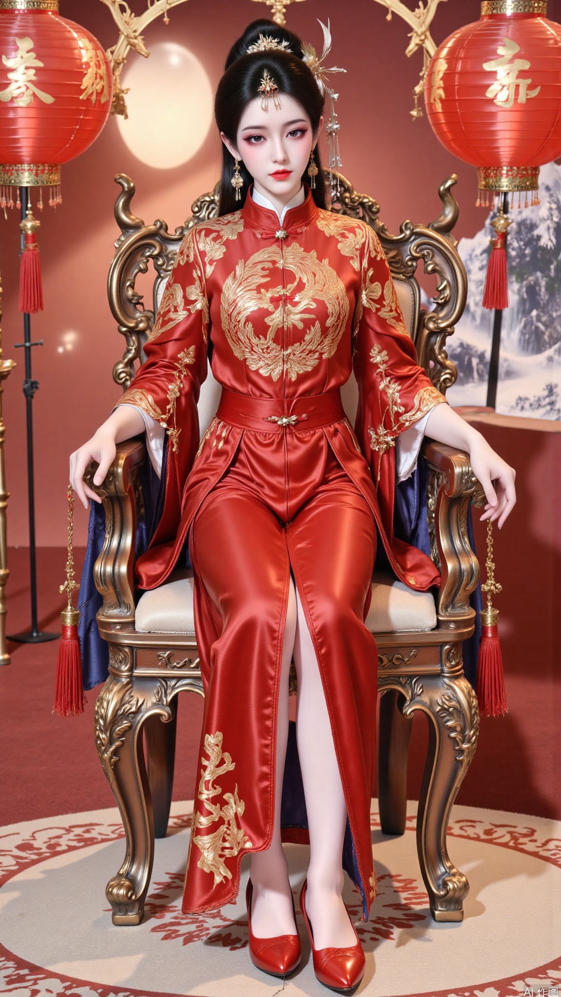YMJHsqc,1girl,solo,sitting in the chair,black hair,updo,hair ornament,hair flower,earrings,red dress,the red dress is adorned with the golden phoenix embroidery,silk texture,long sleeves,wide sleeves,tassel,jewelry,red footwear,indoors,QipaoQ,yunluo,lanterns, Chinese red, Chinese New Year,W拜年M,yunmeng