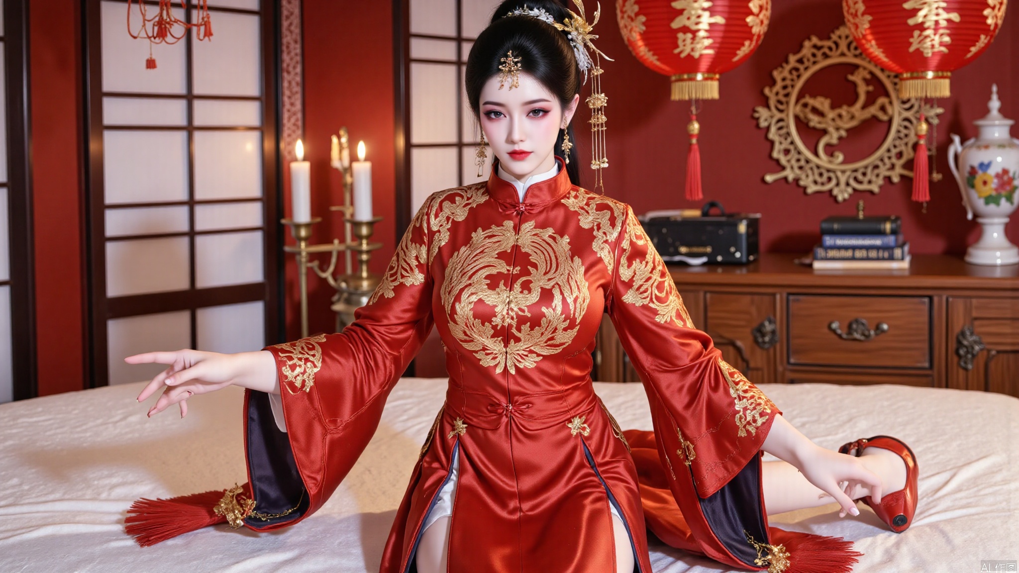 YMJHsqc,1girl,sitting on the bed,black hair,updo,hair ornament,hair flower,earrings,red dress,the red dress is adorned with the golden phoenix embroidery,silk texture,long sleeves,wide sleeves,tassel,jewelry,red footwear,indoors,QipaoQ,yunluo,lanterns, Chinese red, Chinese New Year,W拜年M,yunmeng,DTC-XW