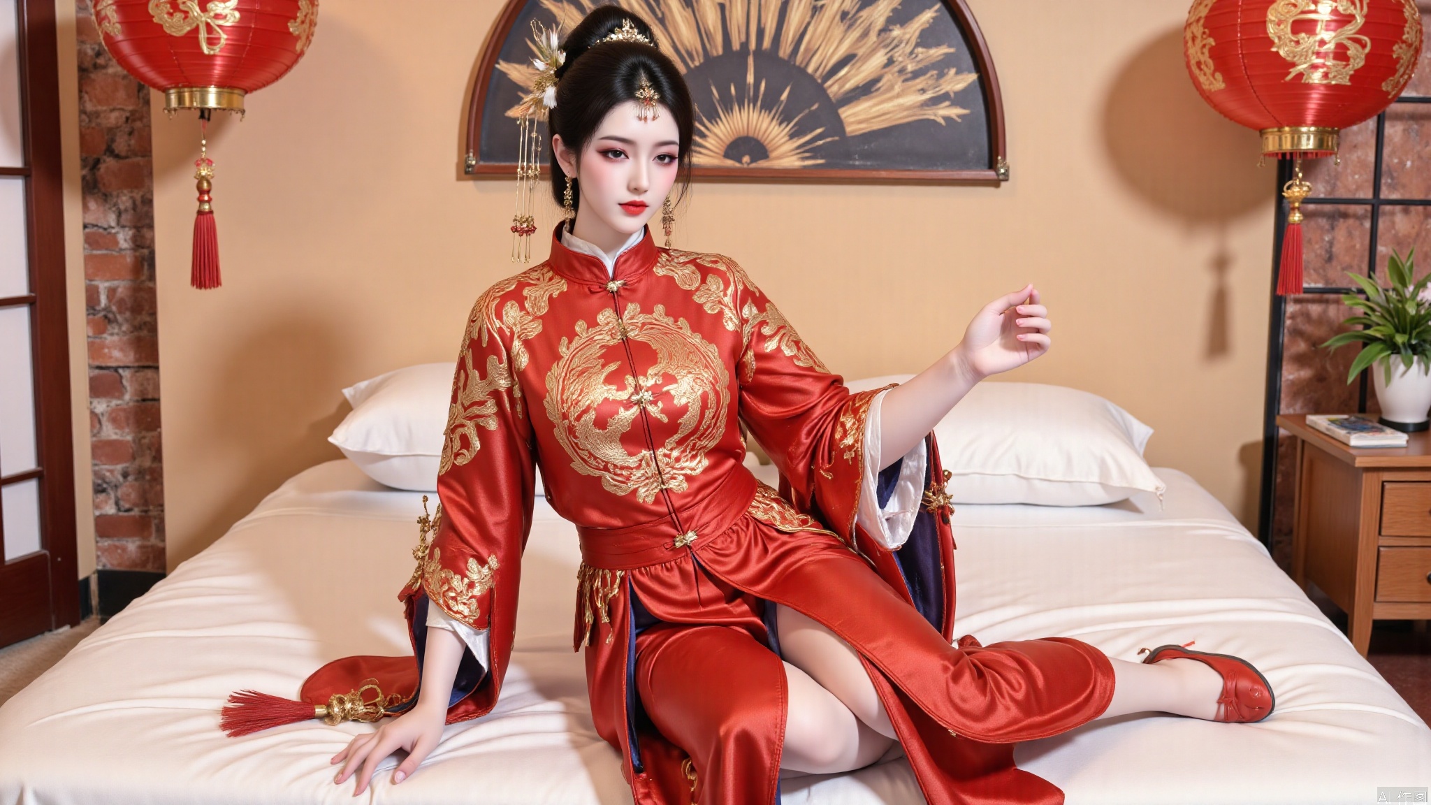 YMJHsqc,1girl,sitting on the bed,black hair,updo,hair ornament,hair flower,earrings,red dress,the red dress is adorned with the golden phoenix embroidery,silk texture,long sleeves,wide sleeves,tassel,jewelry,red footwear,indoors,QipaoQ,yunluo,lanterns, Chinese red, Chinese New Year,W拜年M,yunmeng