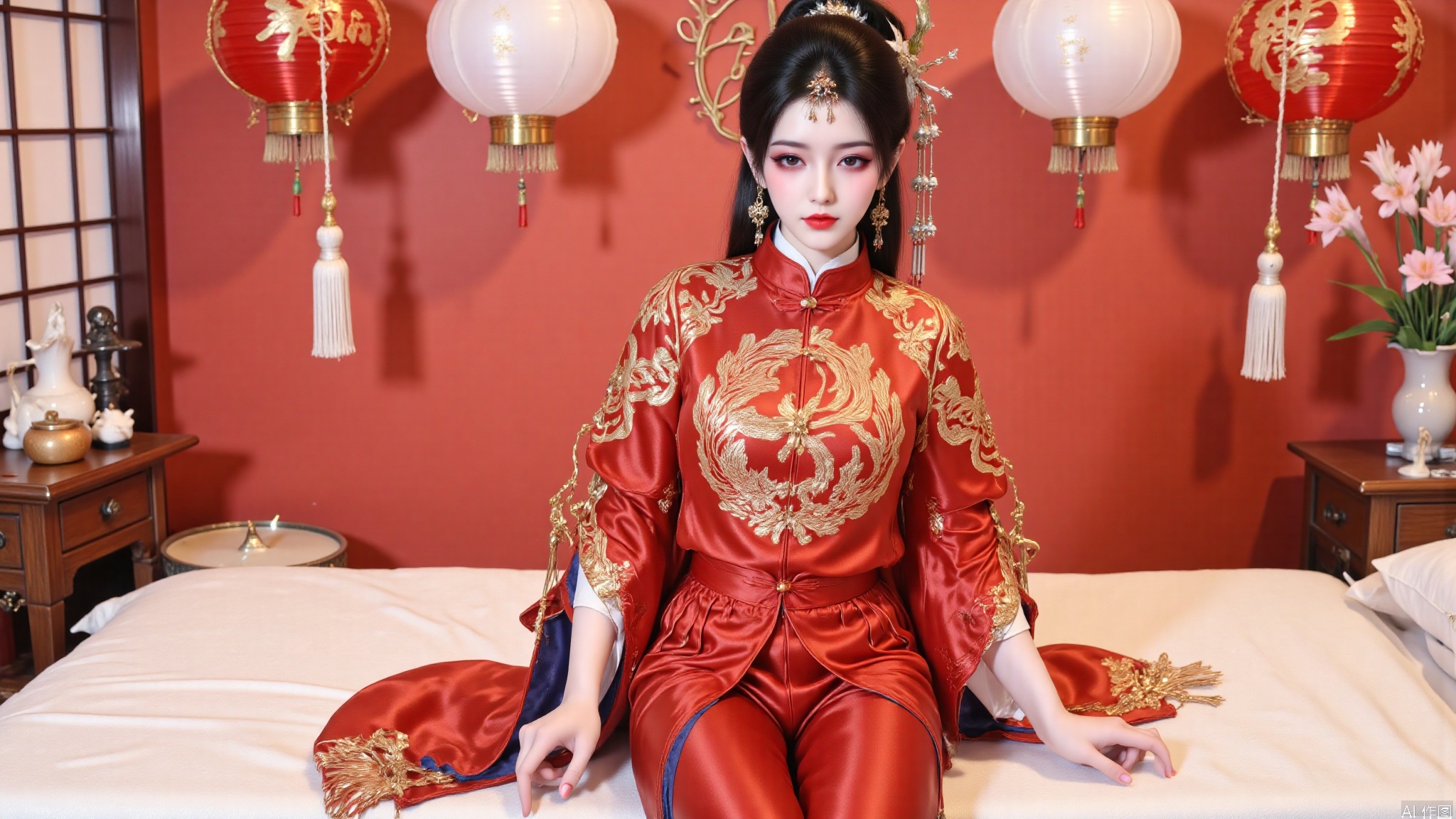YMJHsqc,1girl,sitting on the bed,black hair,updo,hair ornament,hair flower,earrings,red dress,the red dress is adorned with the golden phoenix embroidery,silk texture,long sleeves,wide sleeves,tassel,jewelry,red footwear,indoors,QipaoQ,yunluo,lanterns, Chinese red, Chinese New Year,W拜年M,yunmeng