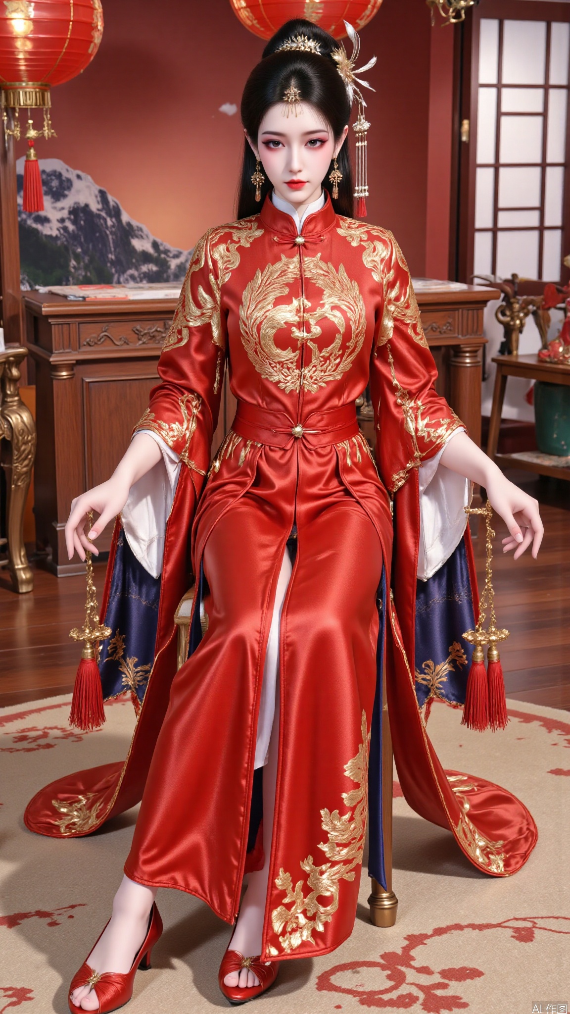 YMJHsqc,1girl,solo,sitting in the chair,black hair,updo,hair ornament,hair flower,earrings,red dress,the red dress is adorned with the golden phoenix embroidery,silk texture,long sleeves,wide sleeves,tassel,jewelry,red footwear,indoors,QipaoQ,yunluo,lanterns, Chinese red, Chinese New Year,W拜年M,yunmeng