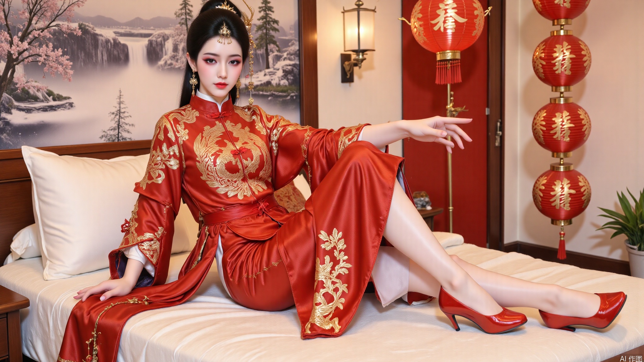 YMJHsqc,1girl,sitting on the bed,black hair,updo,hair ornament,hair flower,earrings,red dress,the red dress is adorned with the golden phoenix embroidery,silk texture,long sleeves,wide sleeves,tassel,jewelry,red footwear,indoors,QipaoQ,yunluo,lanterns, Chinese red, Chinese New Year,W拜年M,yunmeng