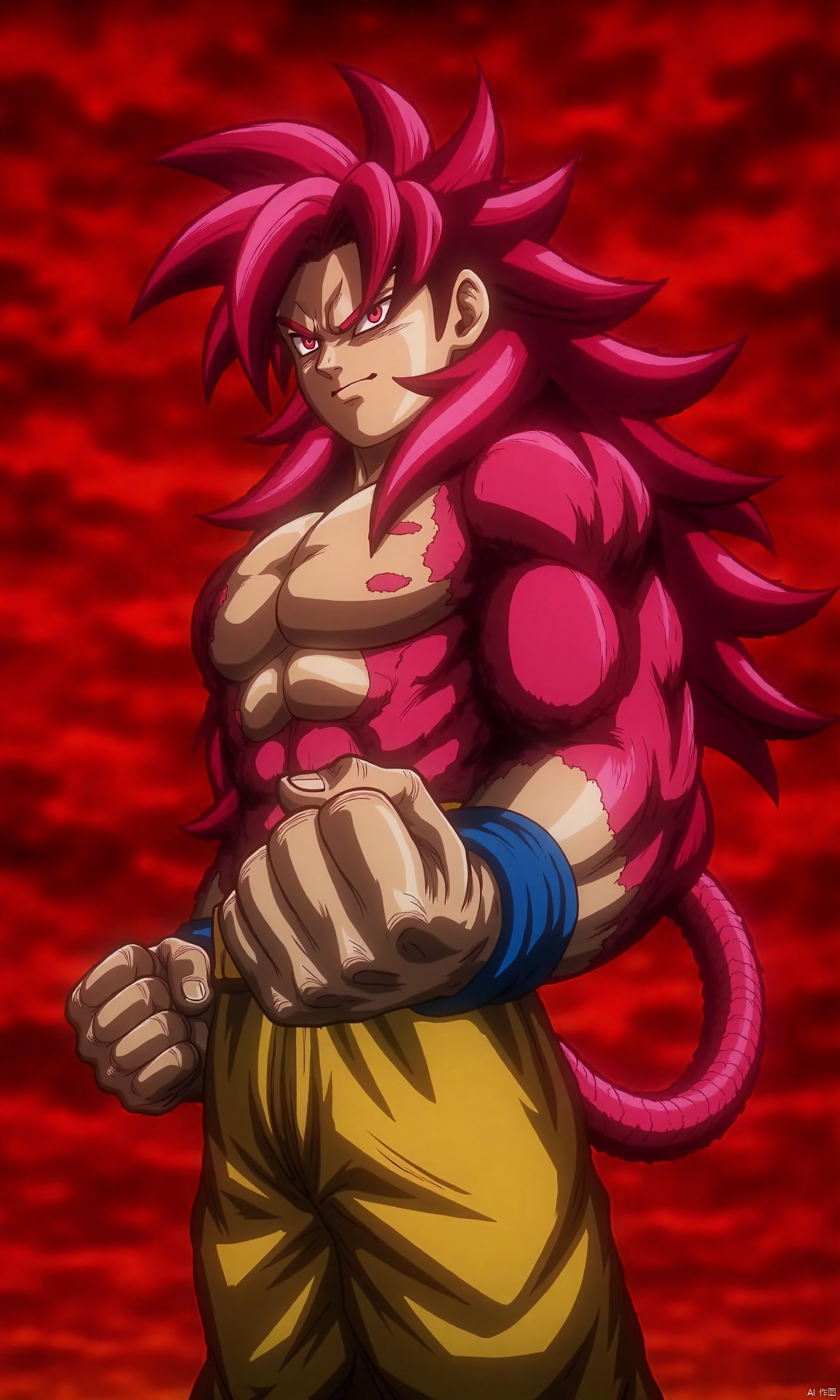 The image depicts a muscular character with vibrant pink hair and a fierce expression, standing against a dramatic red background. The character's body is well-defined, showcasing a strong and powerful physique. The character is wearing a blue wristband and yellow pants, and their fists are clenched, suggesting readiness for action. The overall scene has a dynamic and intense atmosphere, typical of a scene from a fantasy or action genre.