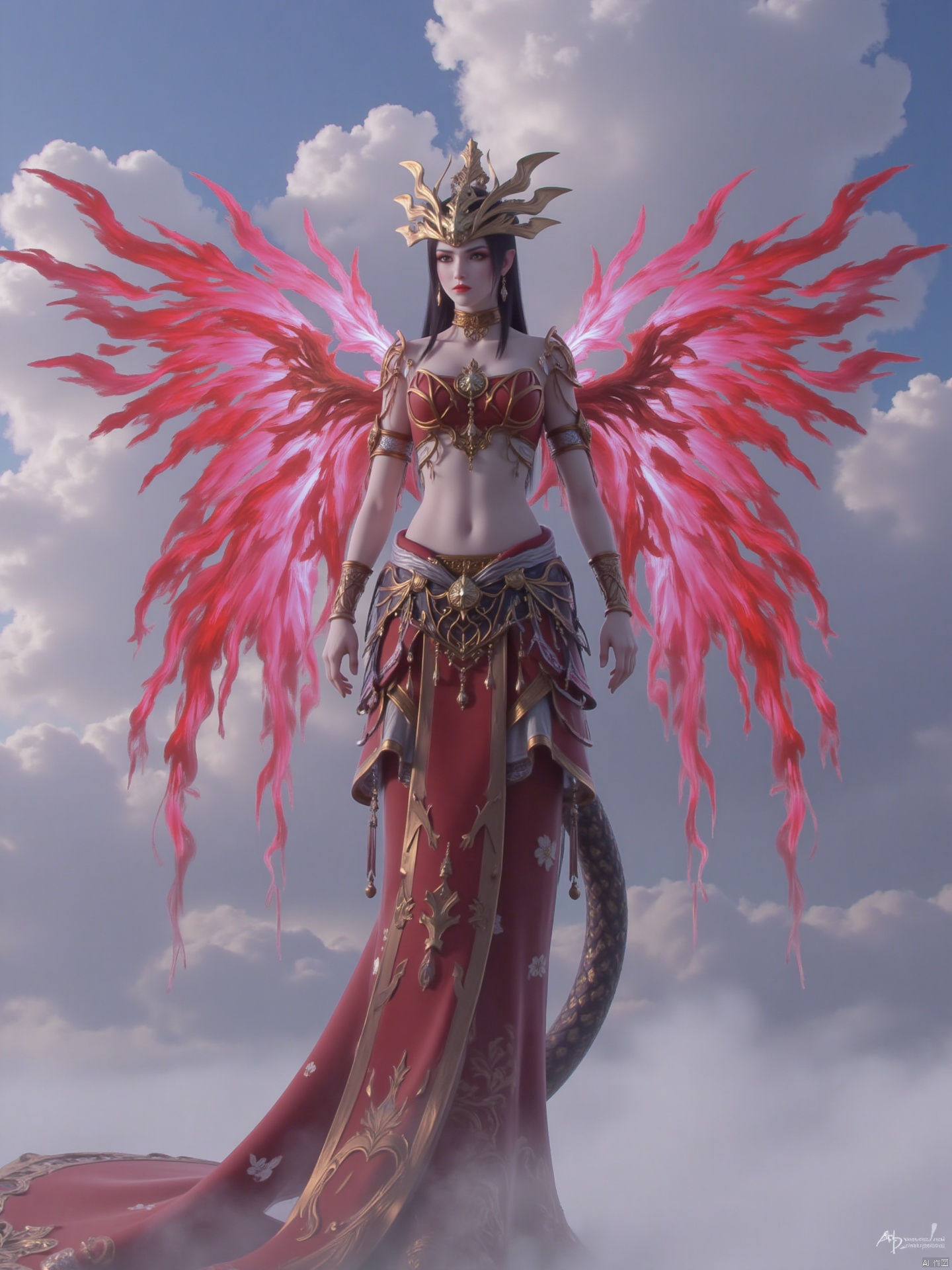 This image depicts a fantasy character with a stunning appearance. The character is dressed in a red and gold costume with intricate designs and patterns. He has no legs and a snake-shaped tail, which is very conspicuous. The character wore a golden headdress on her head, surrounded by vibrant fiery red wings, mainly red with traces of pink and white. The background is cloudy sky, giving people a sense of depth and atmosphere. The entire scene is ethereal and extraordinary, with the emphasis on the mysterious and majestic existence of this character.