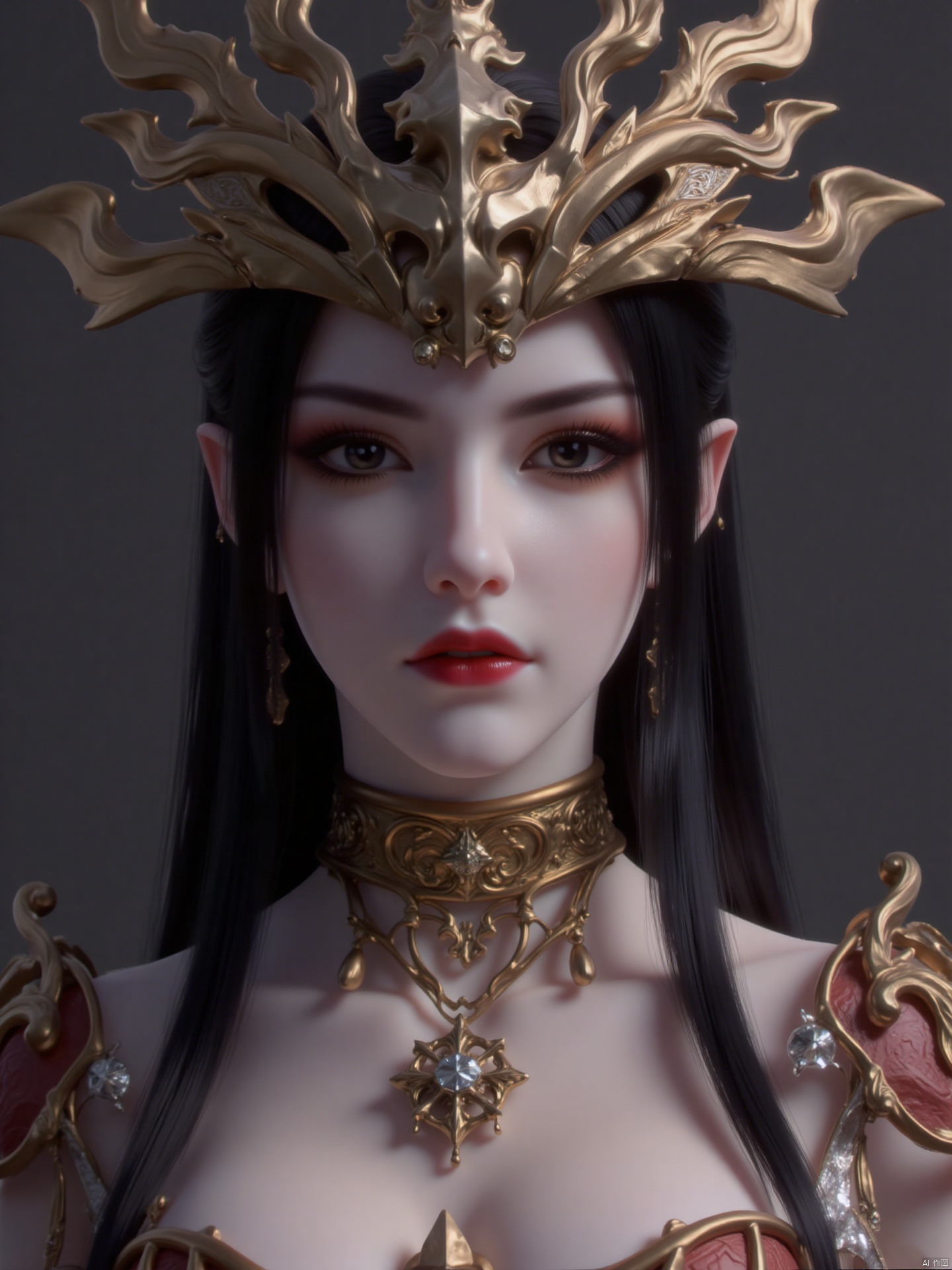 The image depicts a mature woman with great charm,wearing elaborate ornate armor. The armor is mainly gold and red,with intricate designs and patterns. The figure has long black hair and wears a delicate golden headdress with sharp angular elements. The headwear has a star design at the top,and the eyes of the characters are highlighted with dark makeup,with golden glitter eye shadow and bright red lips,giving them an eye-catching appearance. The background is blurred,making the person the focus of the image.,