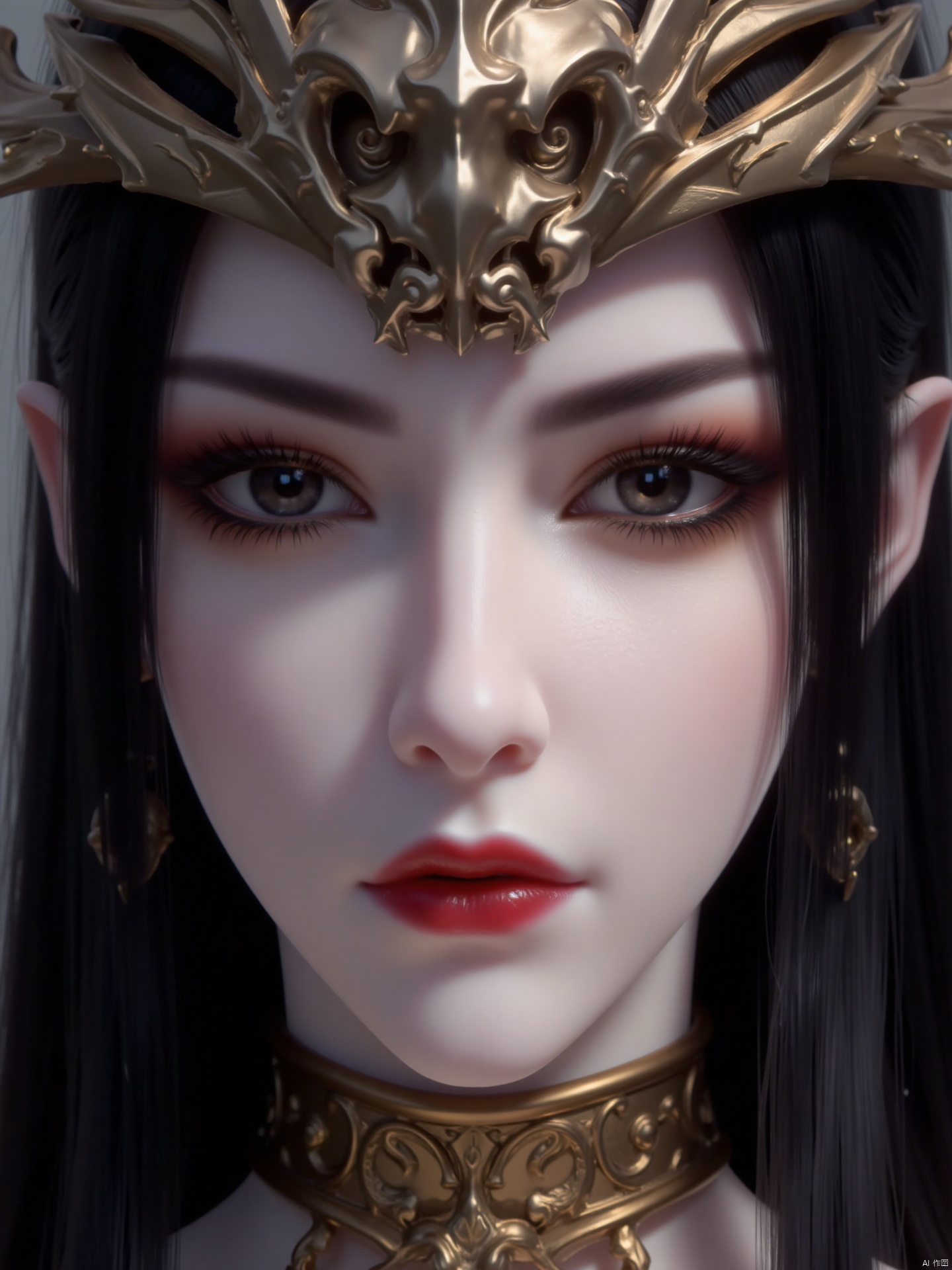 The image depicts a close-up of a highly enchanting and mature woman's face. This character has long black hair and wears an exquisite golden headdress with sharp angular elements. At the top of the headdress,there is a star-shaped design. The character's eyes are highlighted with dark makeup,featuring golden shimmer eyeshadow and vivid red lips,giving them a striking appearance. The background is blurred,making the character the focal point of the image.,
