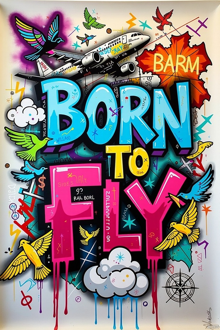 Generate a vibrant and rebellious street graffiti piece centered around the bold slogan "BORN TO FLY". The overall aesthetic is a high - energy explosion of colors and textures, capturing the essence of freedom and aspiration.

At the heart of the image, the words "BORN TO FLY" are emblazoned in a massive, edgy font. The letters are irregular and distorted, with some parts dripping as if freshly spray - painted. The color scheme for the text is a striking contrast of electric blue and hot pink, outlined in jet - black to make it pop against the background.

Surrounding the slogan are elements that symbolize flight and liberation. There are multiple sets of wings, some realistic with detailed feathers in a gradient of iridescent colors like purple and gold, while others are more abstract, composed of jagged lines and geometric shapes in neon green and orange. Scattered throughout are small, stenciled birds in mid - flight, their bodies a blur of movement, painted in a mix of silver and white with splashes of bright red for accents.

In the background, there's a chaotic blend of urban and dreamlike imagery. There's a fragment of a dilapidated airplane fuselage, covered in tags and graffiti. Parts of it are rusted, with patches of vivid yellow and turquoise paint. Amongst the fuselage are floating clouds, not the soft, white kind but rather angular and sharp, painted in a deep, stormy gray with streaks of lightning - like lines in electric purple. There are also some torn pieces of a map, with compass roses and flight paths visible, adding to the sense of adventure and the journey of flight.

The whole composition is a dynamic and energetic celebration of the human spirit's innate desire to soar, combining the rawness of street art with the ethereal concept of flight. 