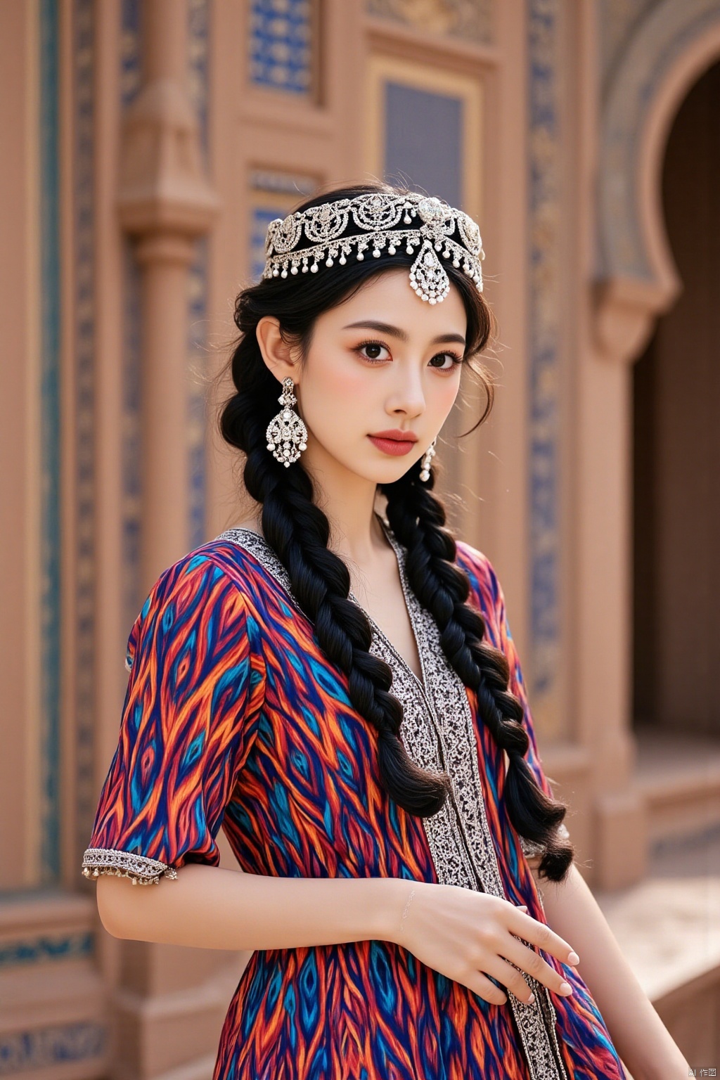 Ultra photoreal, Insane Details,32K,Realistic,
1girl,20years old,real photo,face002,complete hand
real photo,Uyghur princess,
Photograph of a young woman with fair skin and long black braided hair, wearing a vibrant, intricately patterned traditional Central Asian dress with a multicolored geometric design. She has a detailed silver headpiece adorned with jewels and wears matching earrings. The background features a detailed, ornate brick wall with blue and gold tilework, suggesting a historical or cultural site.,