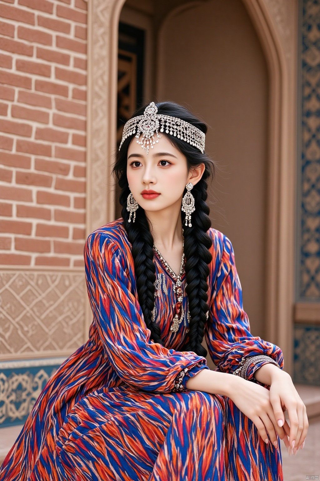 Ultra photoreal, Insane Details,32K,Realistic,
1girl,20years old,real photo,face002,complete hand
real photo,Uyghur princess,
Photograph of a young woman with fair skin and long black braided hair, wearing a vibrant, intricately patterned traditional Central Asian dress with a multicolored geometric design. She has a detailed silver headpiece adorned with jewels and wears matching earrings. The background features a detailed, ornate brick wall with blue and gold tilework, suggesting a historical or cultural site.,