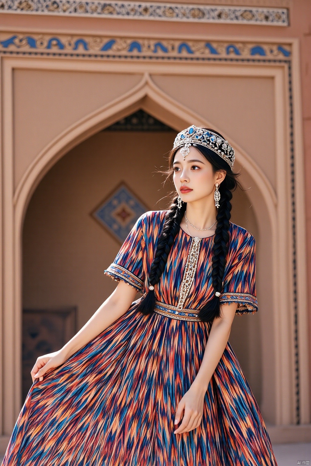 Ultra photoreal, Insane Details,32K,Realistic,
1girl,20years old,real photo,face002,complete hand
real photo,Uyghur princess,
Photograph of a young woman with fair skin and long black braided hair, wearing a vibrant, intricately patterned traditional Central Asian dress with a multicolored geometric design. She has a detailed silver headpiece adorned with jewels and wears matching earrings. The background features a detailed, ornate brick wall with blue and gold tilework, suggesting a historical or cultural site.,