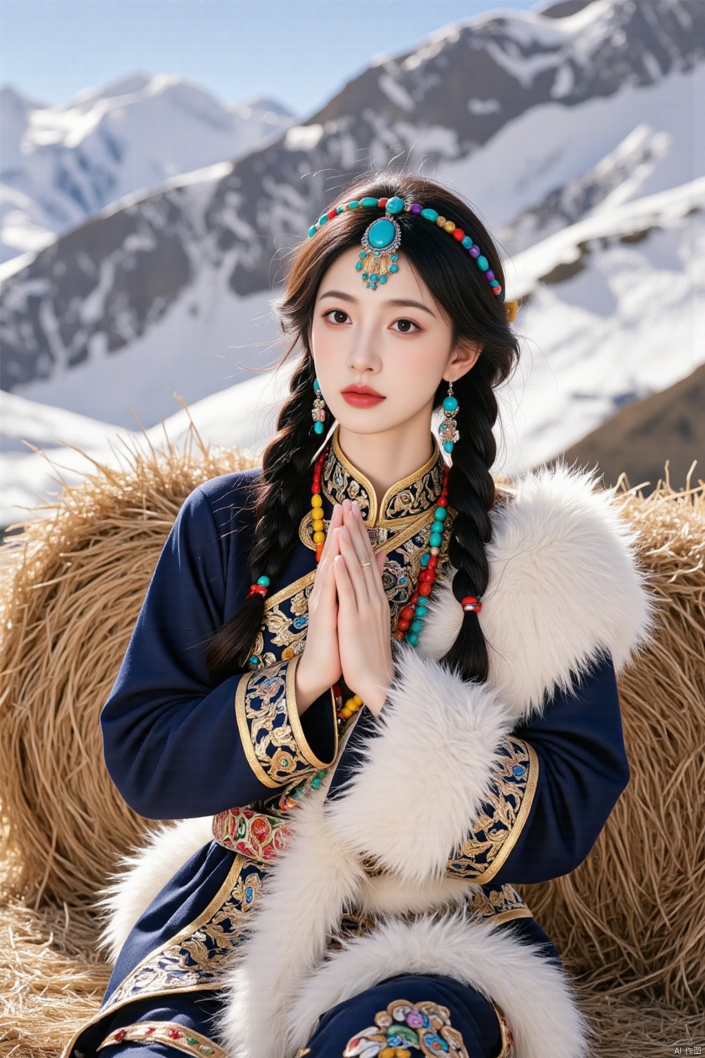Ultra photoreal, Insane Details,32K,Realistic,
1girl,20years old,real photo,
real photo,
Photograph of an Asian woman with fair skin and long black braided hair adorned with colorful beads and a turquoise headpiece. She wears a traditional, ornate outfit with intricate patterns and fur trim, seated on hay bales in a snowy mountainous landscape. She holds her hands in a prayer-like gesture.,face002,complete hand,Tibetan princess,