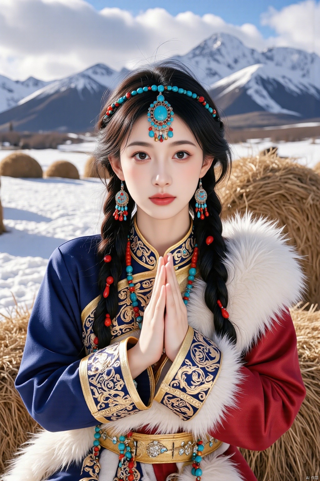 Ultra photoreal, Insane Details,32K,Realistic,
1girl,20years old,real photo,
real photo,
Photograph of an Asian woman with fair skin and long black braided hair adorned with colorful beads and a turquoise headpiece. She wears a traditional, ornate outfit with intricate patterns and fur trim, seated on hay bales in a snowy mountainous landscape. She holds her hands in a prayer-like gesture.,face002,complete hand,Tibetan princess,