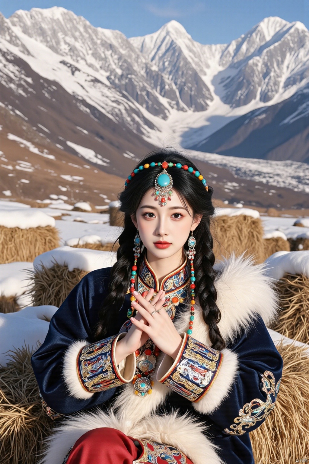 Ultra photoreal, Insane Details,32K,Realistic,
1girl,20years old,real photo,
real photo,
Photograph of an Asian woman with fair skin and long black braided hair adorned with colorful beads and a turquoise headpiece. She wears a traditional, ornate outfit with intricate patterns and fur trim, seated on hay bales in a snowy mountainous landscape. She holds her hands in a prayer-like gesture.,face002,complete hand,Tibetan princess,