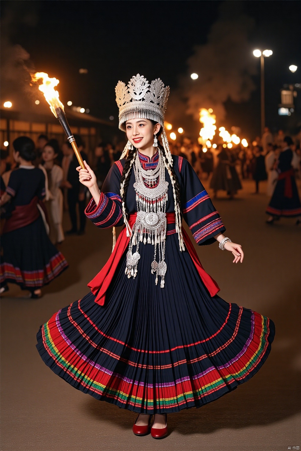 Ultra photoreal, Insane Details,32K,Realistic,
1girl,20years old,real photo,
Yi princess,A vibrant photograph captures a young woman in traditional ethnic attire, adorned with intricate silver jewelry and colorful embroidery, holding a flaming torch. She wears a silver headdress and a multi-layered, dark blue dress with red, green, and gold accents. The background features a nighttime festival scene with a crowd and warm, glowing lights.,face002,complete hand