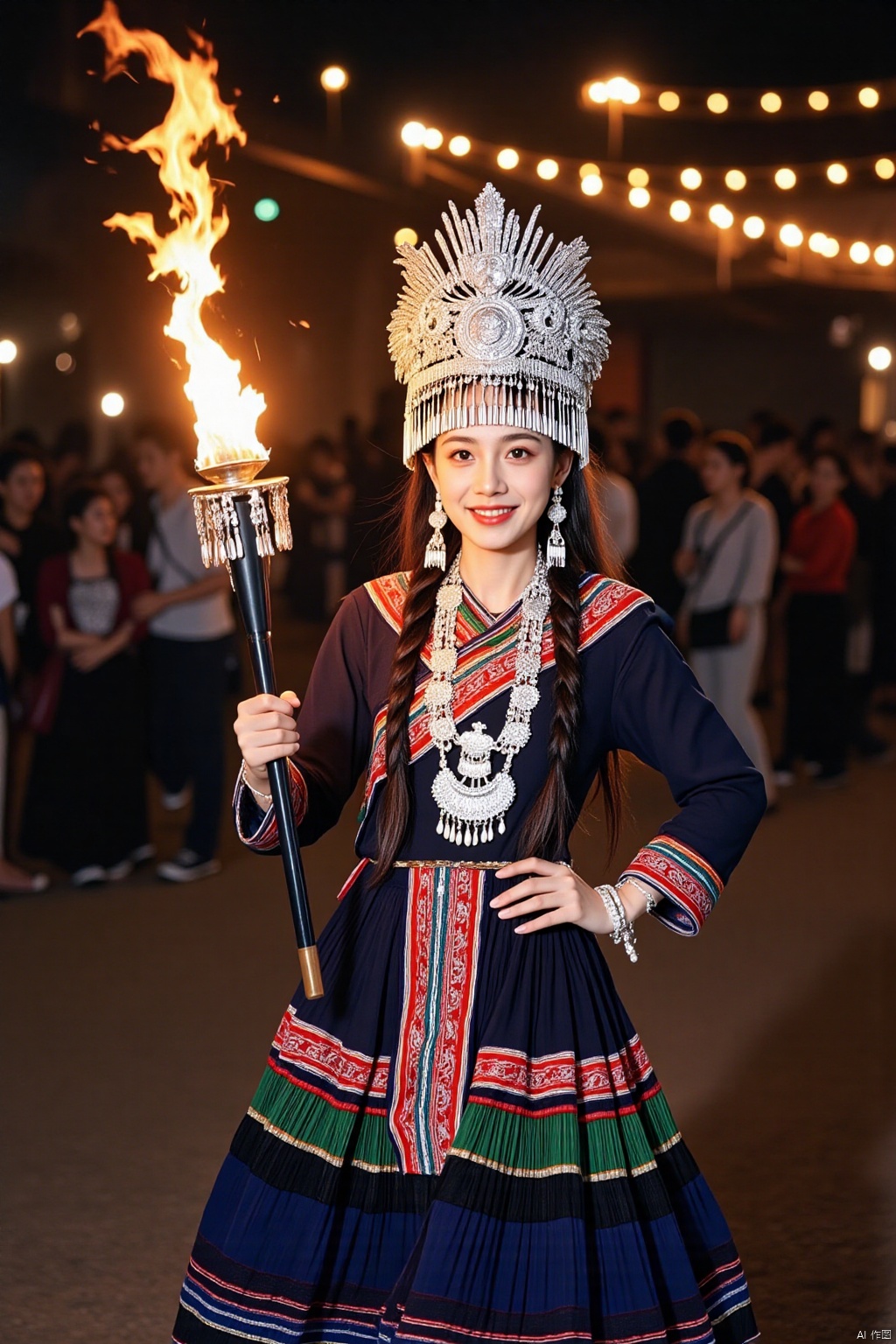 Ultra photoreal, Insane Details,32K,Realistic,
one lady,real photo,
Yi princess,A vibrant photograph captures a young woman in traditional ethnic attire, adorned with intricate silver jewelry and colorful embroidery, holding a flaming torch. She wears a silver headdress and a multi-layered, dark blue dress with red, green, and gold accents. The background features a nighttime festival scene with a crowd and warm, glowing lights.,face002,complete hand