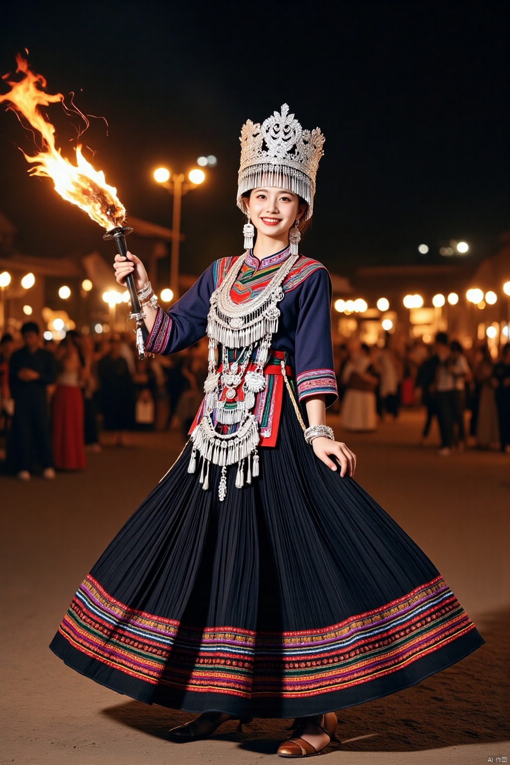 Ultra photoreal, Insane Details,32K,Realistic,
1girl,20years old,real photo,
Yi princess,A vibrant photograph captures a young woman in traditional ethnic attire, adorned with intricate silver jewelry and colorful embroidery, holding a flaming torch. She wears a silver headdress and a multi-layered, dark blue dress with red, green, and gold accents. The background features a nighttime festival scene with a crowd and warm, glowing lights.,face002,complete hand