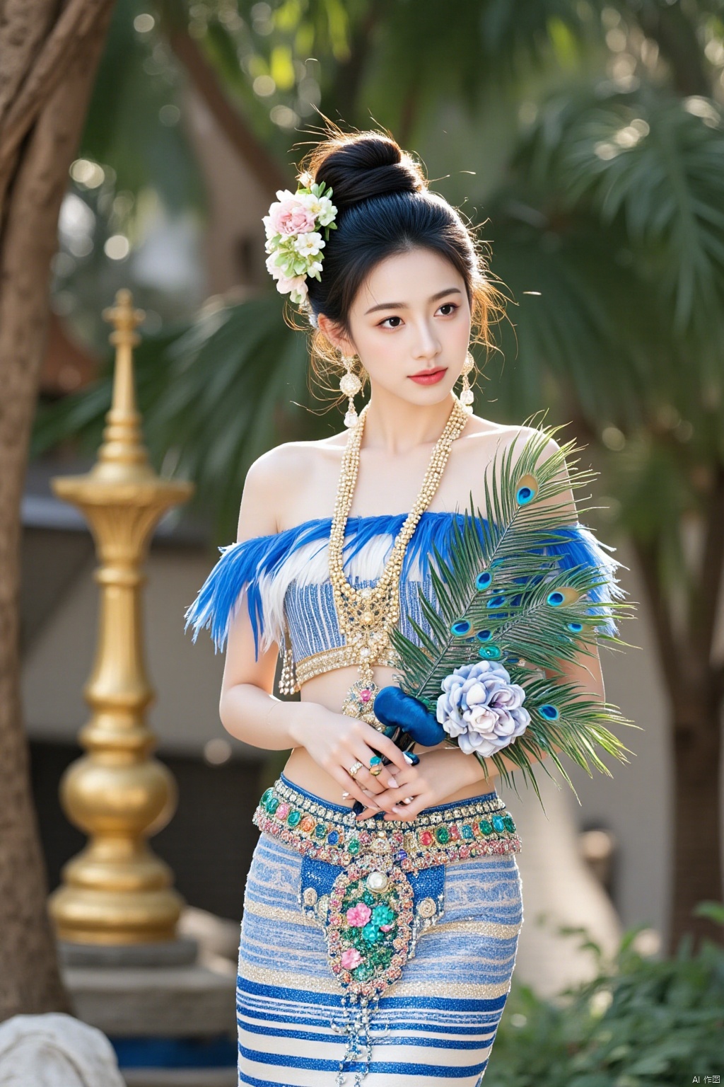 Ultra photoreal, Insane Details,32K,Realistic,
1girl,20years old,real photo,
Dai princess,Photograph of a young Asian woman with fair skin and dark hair styled in an updo adorned with flowers. She wears a blue and white striped, fringed crop top and a matching skirt embellished with colorful beaded decorations. She holds a traditional peacock feather fan. Background features a golden pagoda against lush greenery.,face002,complete hand