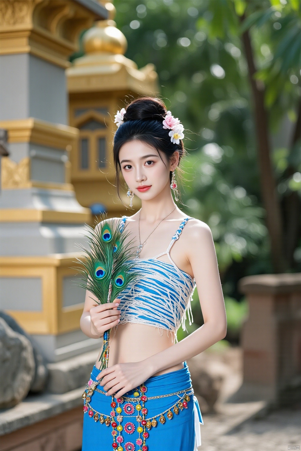 Ultra photoreal, Insane Details,32K,Realistic,
1girl,20years old,real photo,
Dai princess,Photograph of a young Asian woman with fair skin and dark hair styled in an updo adorned with flowers. She wears a blue and white striped, fringed crop top and a matching skirt embellished with colorful beaded decorations. She holds a traditional peacock feather fan. Background features a golden pagoda against lush greenery.,face002,complete hand