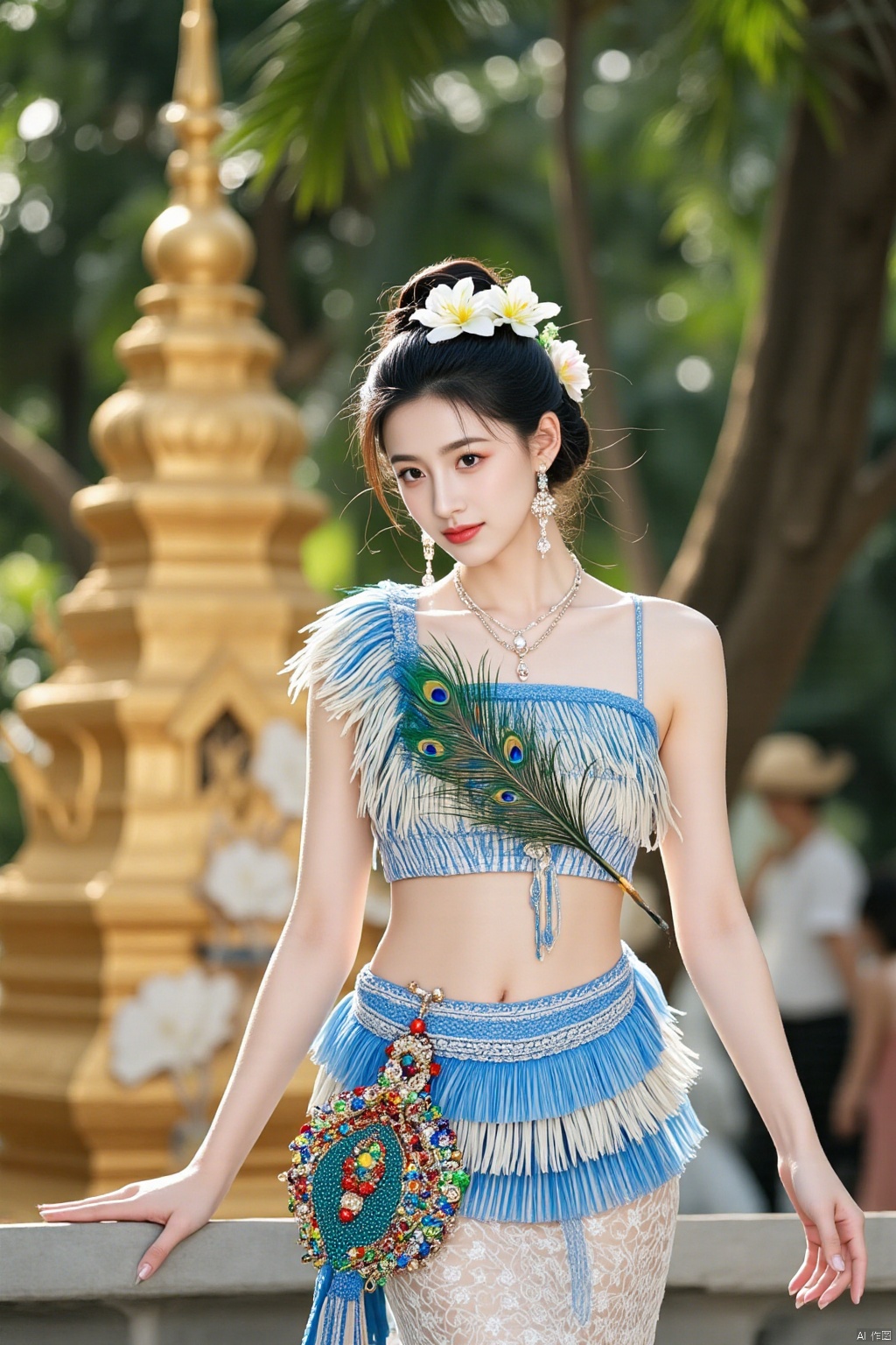 Ultra photoreal, Insane Details,32K,Realistic,
1girl,20years old,real photo,
Dai princess,Photograph of a young Asian woman with fair skin and dark hair styled in an updo adorned with flowers. She wears a blue and white striped, fringed crop top and a matching skirt embellished with colorful beaded decorations. She holds a traditional peacock feather fan. Background features a golden pagoda against lush greenery.,face002,complete hand