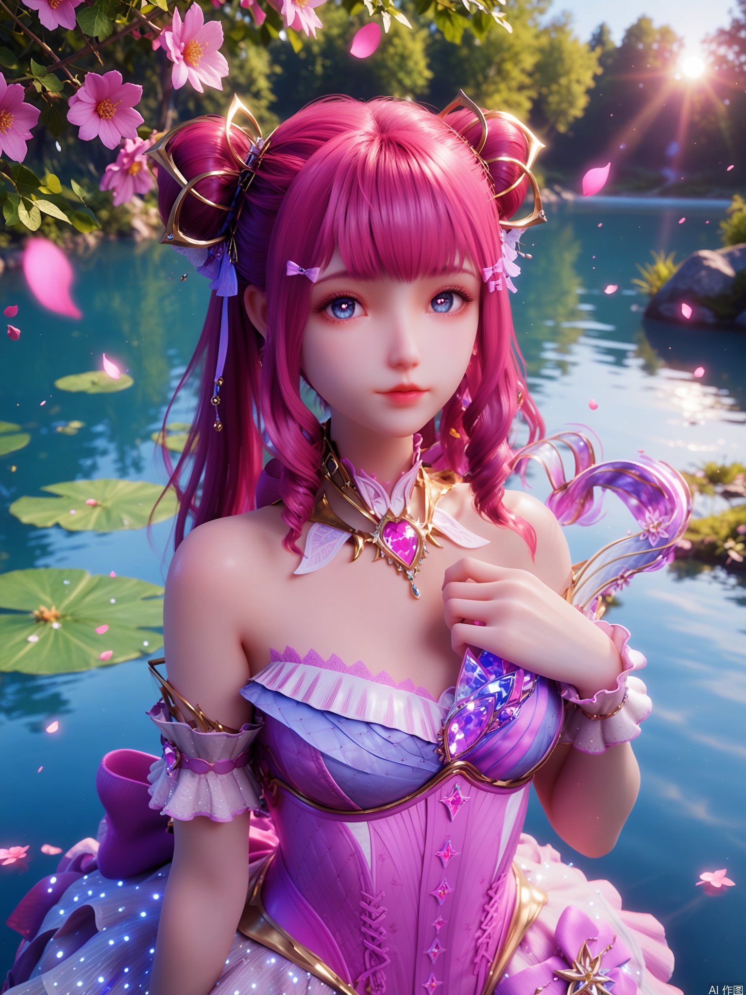 score_9,score_8_up,score_7_up,1girl,looking_at_viewer,realistic,1girl,Vivid Colors,bright environment,sunshine,god light,lake,delicate water surface,shiny skin,shiny hair,reflection,(wariza:1.2),dress,jewelry,flower sea,falling petals,extreme detail description,bright sunlight,bright_pupils,frontal lighting,(upper body:1),put one hand on your chest,