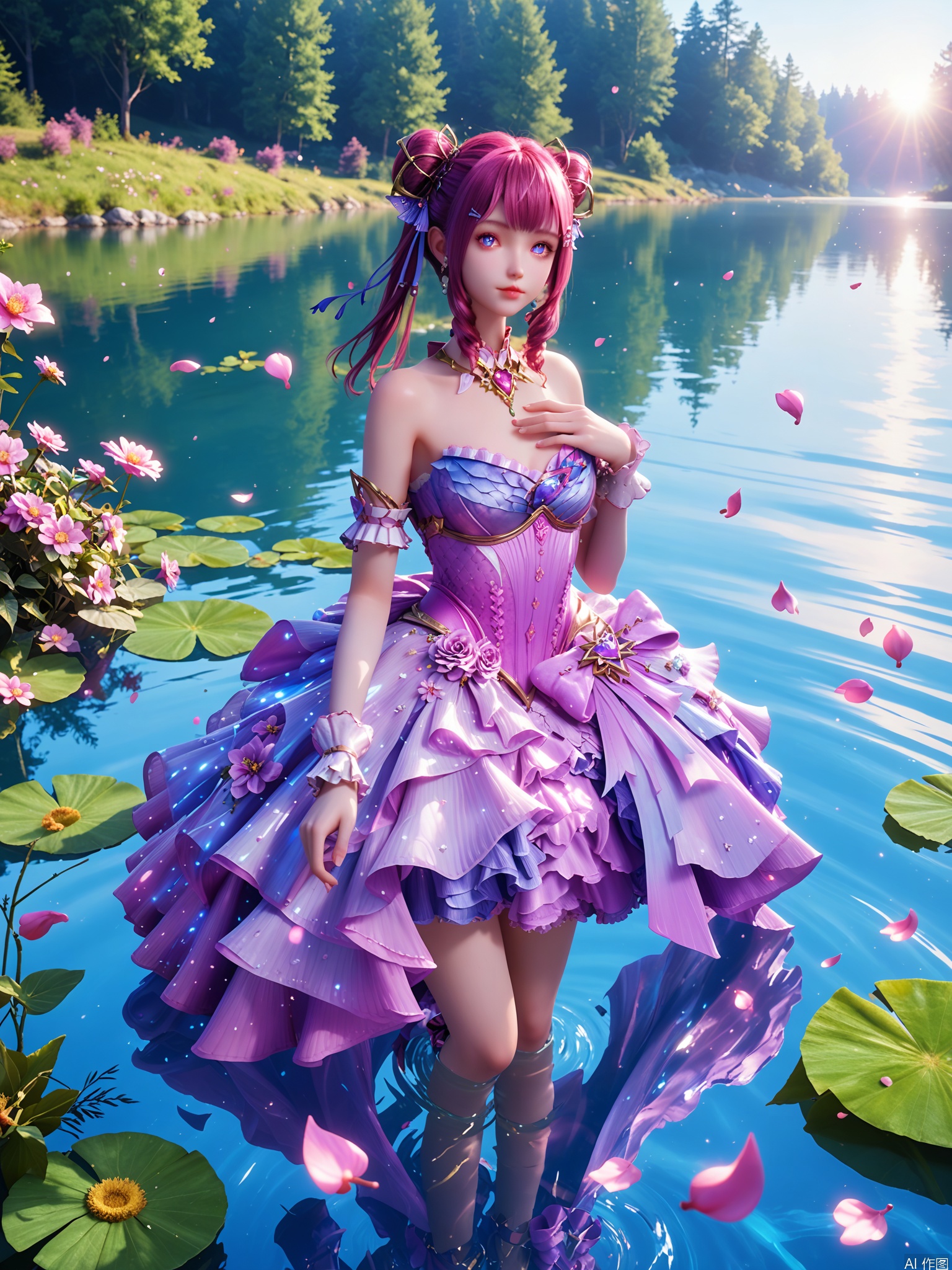 score_9,score_8_up,score_7_up,1girl,looking_at_viewer,realistic,1girl,Vivid Colors,bright environment,sunshine,god light,lake,delicate water surface,shiny skin,shiny hair,reflection,(wariza:1.2),dress,jewelry,flower sea,falling petals,extreme detail description,bright sunlight,bright_pupils,frontal lighting,(upper body:0.5),put one hand on your chest