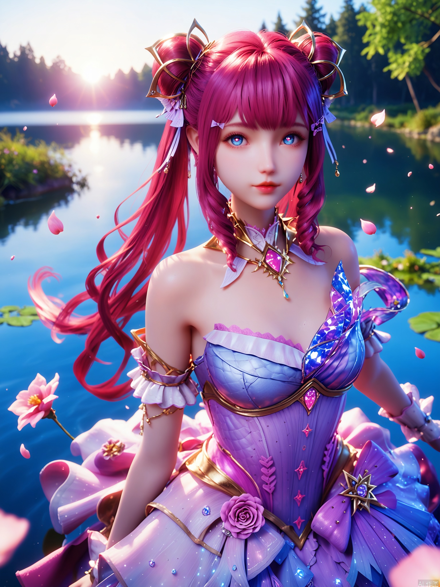 score_9,score_8_up,score_7_up,1girl,looking_at_viewer,realistic,1girl,Vivid Colors,bright environment,sunshine,god light,lake,delicate water surface,shiny skin,shiny hair,reflection,(wariza:1.2),dress,jewelry,flower sea,falling petals,extreme detail description,bright sunlight,bright_pupils,frontal lighting,(upper body:1),put one hand on your chest