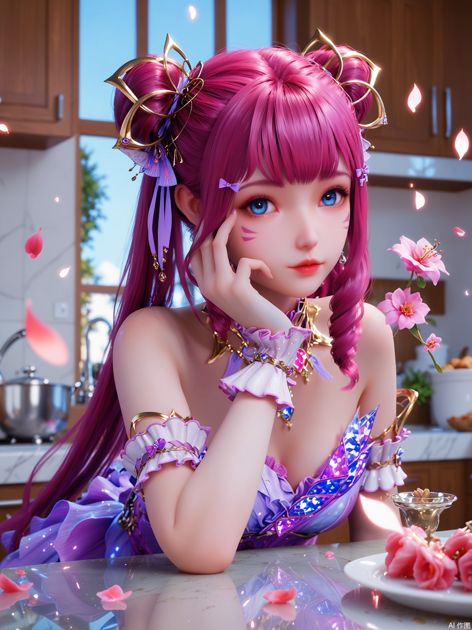score_9,score_8_up,score_7_up,1girl,looking_at_viewer,realistic,1girl,Vivid Colors,bright environment,delicate water,hair_ornament,shiny skin,shiny hair,reflection,(wariza:1.2),dress,jewelry,flower sea,falling petals,extreme detail description,(upper body:1),put one hand on your side,kitchen,kitchen,long_hair,(skindentation:1.3),Fishnet stockings,facial mark,