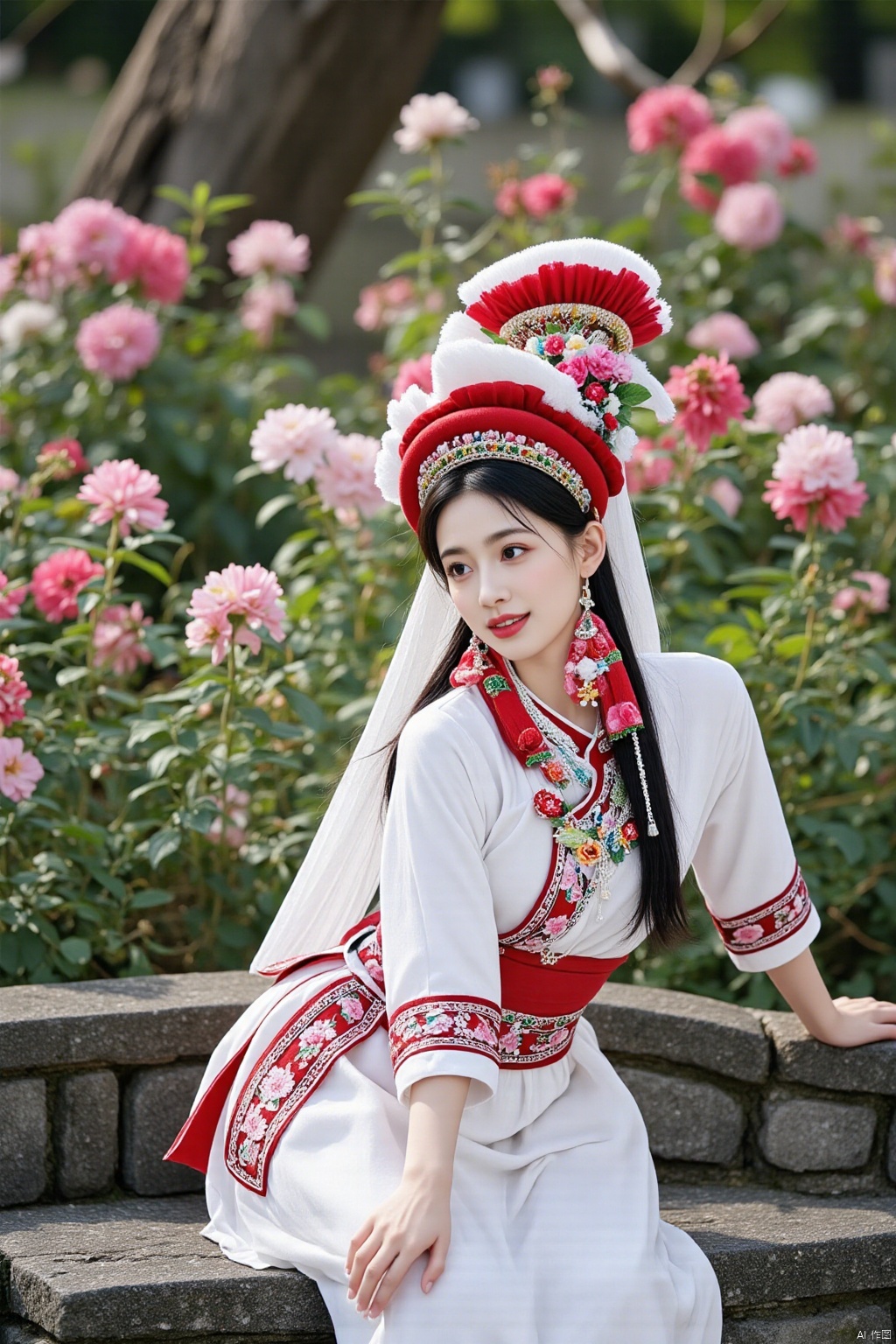 Ultra photoreal, Insane Details,32K,Realistic,
1girl,20years old,real photo,face002,complete hand,real photo,
Bai princess,A photograph of a young Asian woman in traditional Bai ethnic costume. She is sitting gracefully on a stone bench in a beautiful garden filled with blooming flowers of various colors. The white princess has a white robe with exquisite red and pink floral embroidery, a red sash, and a white headdress adorned with red and green patterns. 