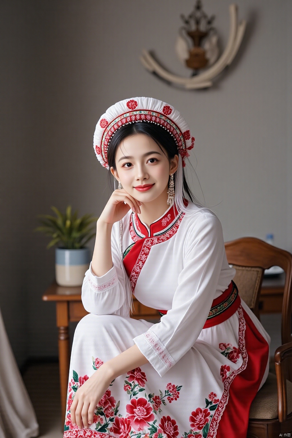 Ultra photoreal, Insane Details, 32K, Realistic,
1girl, 20years old, real photo, face002, complete hand, real photo,
Bai princess, A photograph of a young Asian woman in traditional Bai ethnic costume. She is shown in a half-body shot, sitting on a chair in her home. Her hands are resting on her lap, and she has a warm and natural smile on her face. The princess has a white robe with delicate red and pink floral embroidery, a red sash, and a white headdress adorned with red and green patterns. 