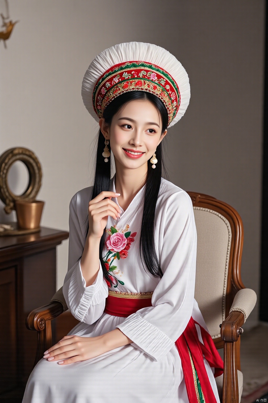 Ultra photoreal, Insane Details, 32K, Realistic,
1girl, 20years old, real photo, face002, complete hand, real photo,
Bai princess, A photograph of a young Asian woman in traditional Bai ethnic costume. She is shown in a half-body shot, sitting on a chair in her home. Her hands are resting on her lap, and she has a warm and natural smile on her face. The princess has a white robe with delicate red and pink floral embroidery, a red sash, and a white headdress adorned with red and green patterns. 