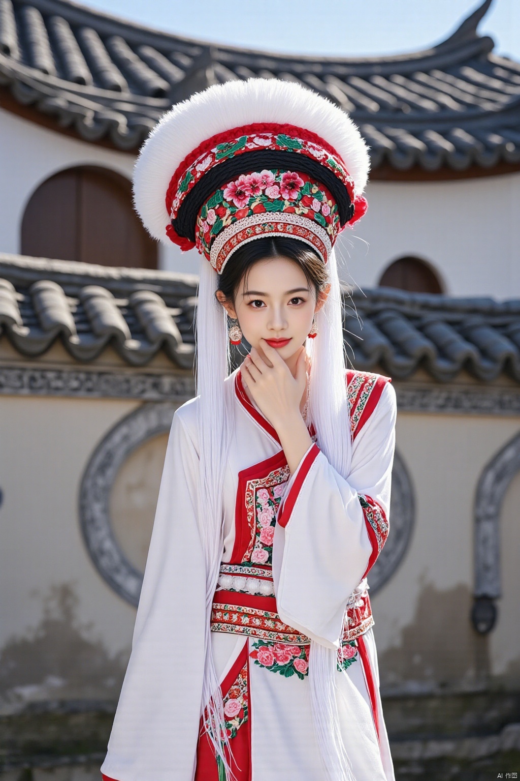 Ultra photoreal, Insane Details,32K,Realistic,
1girl,20years old,real photo,face002,complete hand,real photo,
Bai princess,A photograph of a young Asian woman in traditional Hanfu attire, featuring a white robe with red and pink floral embroidery, a red sash, and a white headdress adorned with red and green patterns. She stands in front of a traditional Chinese courtyard with tiled roofs and intricate wall designs.