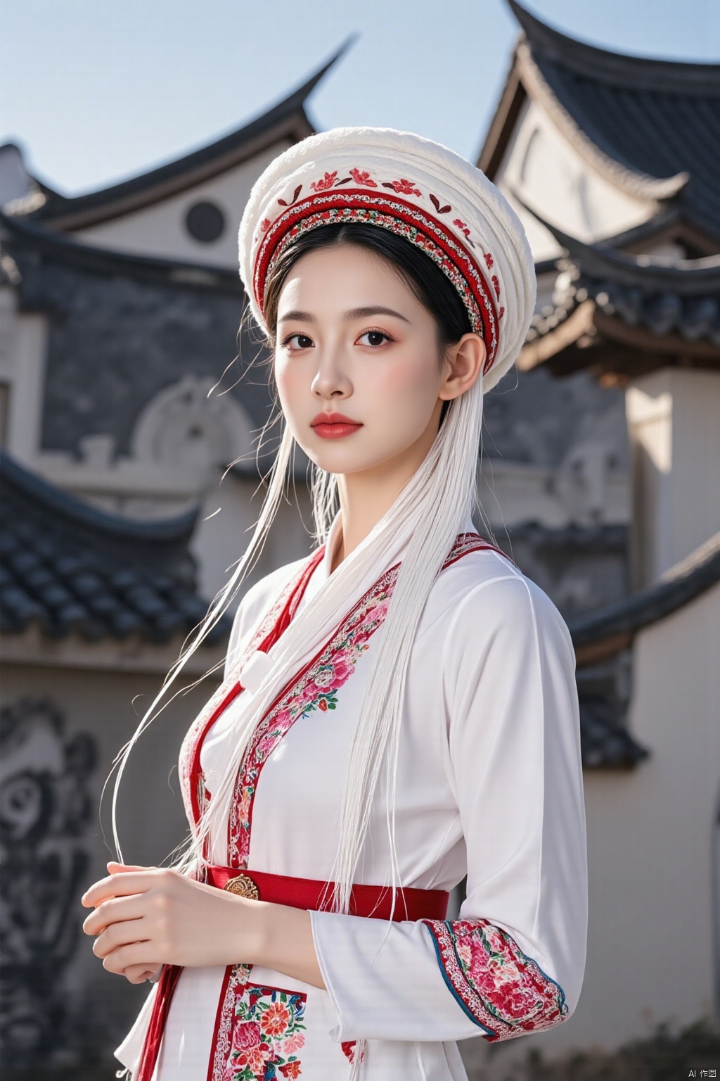 Ultra photoreal, Insane Details,32K,Realistic,
1girl,20years old,real photo,face002,complete hand,real photo,
Bai princess,A photograph of a young Asian woman in traditional Hanfu attire, featuring a white robe with red and pink floral embroidery, a red sash, and a white headdress adorned with red and green patterns. She stands in front of a traditional Chinese courtyard with tiled roofs and intricate wall designs.
