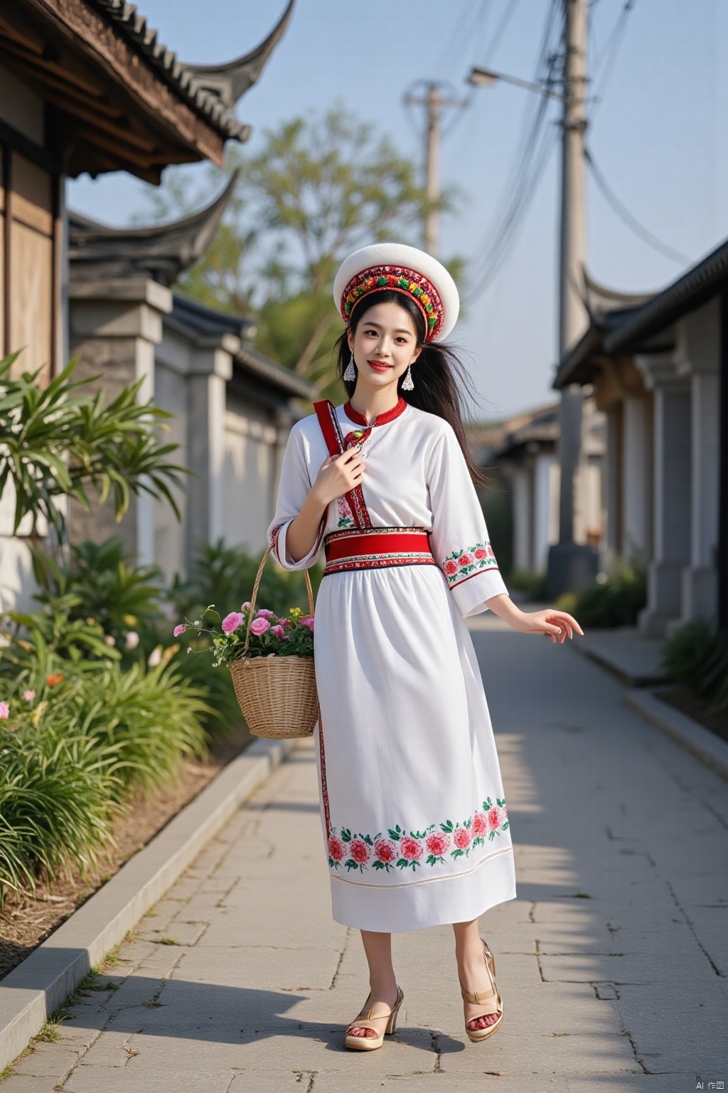 Ultra photoreal, Insane Details, 32K, Realistic,
1girl, 20years old, real photo, face002, complete hand, real photo,
Bai princess, A photograph of a young Asian woman in traditional Bai ethnic costume. She is walking along a paved path in a peaceful village, holding a basket of fresh flowers in her hand. The princess has a white robe with delicate red and pink floral embroidery, a red sash, and a white headdress adorned with red and green patterns. 