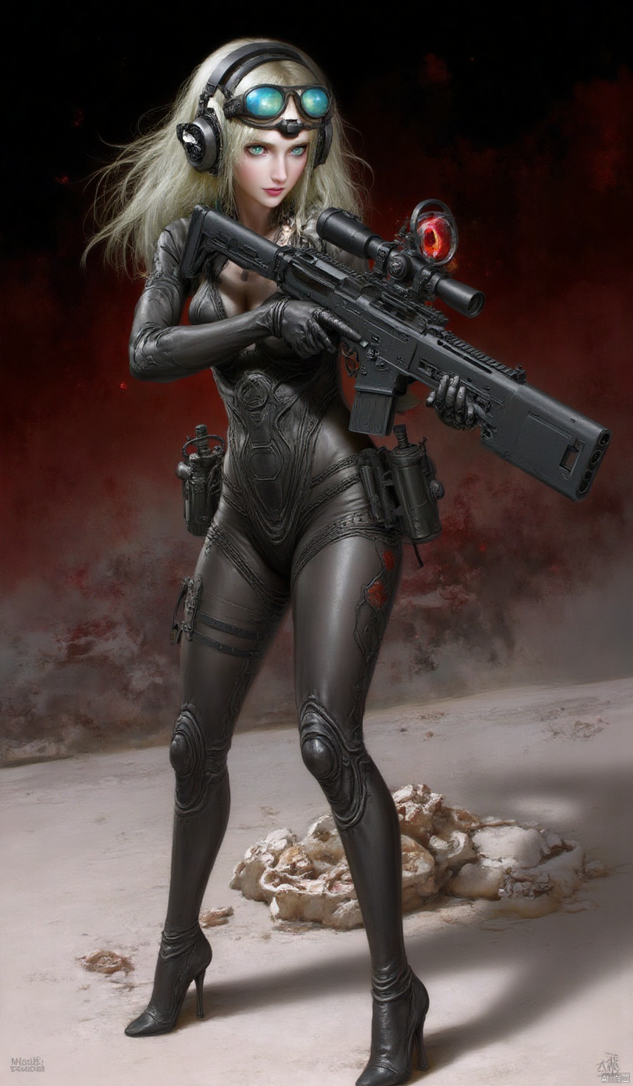  High Contrast, Black & Red, A girl shoots with an AWM sniper rifle, , full body, thick body, long blond hair, green eyes, (holding a weapon, holding a rifle, aiming, aiming, firing, shooting:1.4), gun, high heeled boots, (wide angle view:1.4) tactical headset, black silk gloves, alien planet, desert, tactical glasses