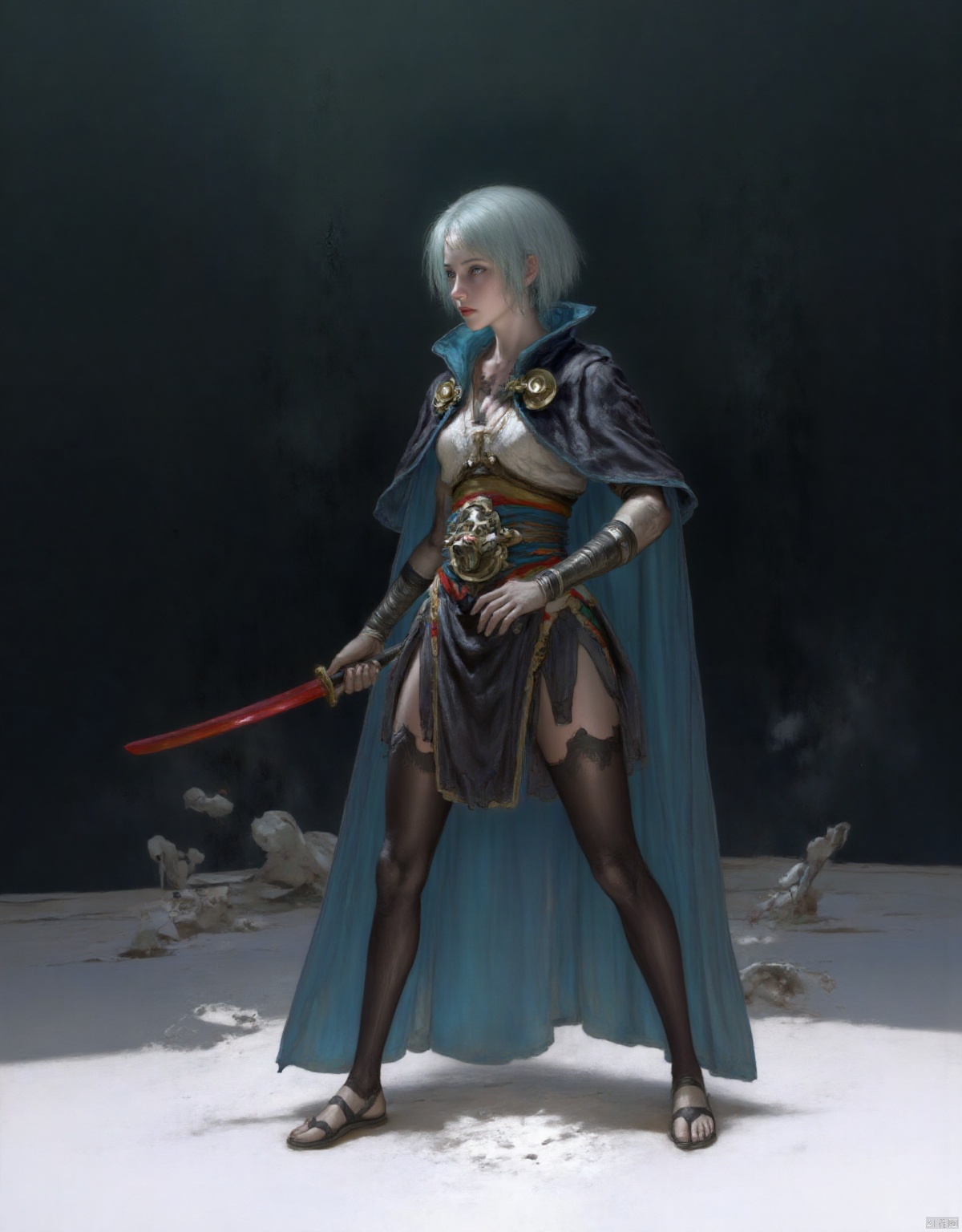 Martial artist, holding a red katana,  fighting stance, one-handed ground, short hair,Black stockings, Black stockings, blue-black cape, gloomy scene, white desert,