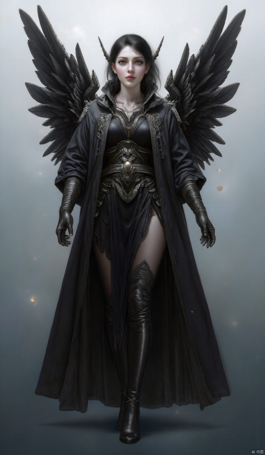 Sorollo, an angel in black, dressed in a black robe with black feathered wings on his back, descended from the sky to the mortal world. Wears black over-the-knee boots. Wears black stockings and black latex gloves. Has a black ponytail with black wings.