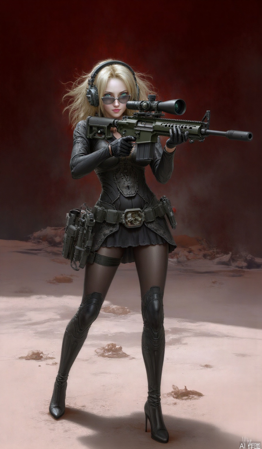  High Contrast, Black & Red, A girl shoots with an AWM sniper rifle, , full body, thick body, long blond hair, green eyes, (holding a weapon, holding a rifle, aiming, aiming, firing, shooting:1.4), gun, high heeled boots, (wide angle view:1.4) tactical headset, black silk gloves, alien planet, desert, tactical glasses