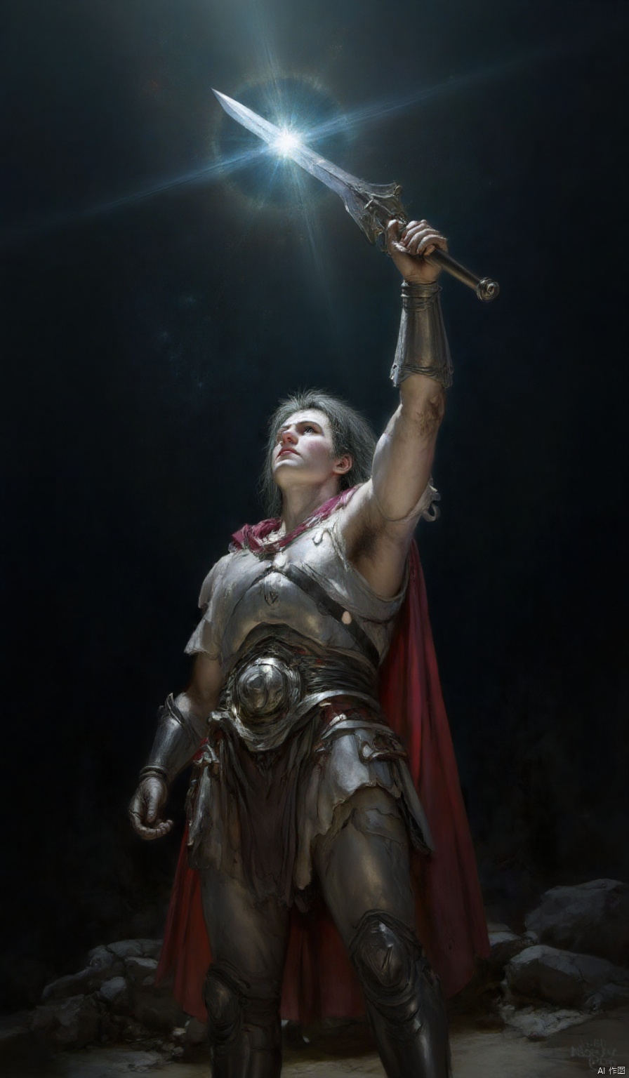 In a sweeping ultra-wide angle overhead view, a heroic figure stands poised for adventure against a backdrop of darkened night. The human hero, clad in gleaming white armor and a flowing red cloak, holds aloft a mighty sword as a beam of sacred light illuminates his upturned face from above. His features are sharply focused, bathed in the radiant glow, as if anointed by the heavens for his impending quest,TT,