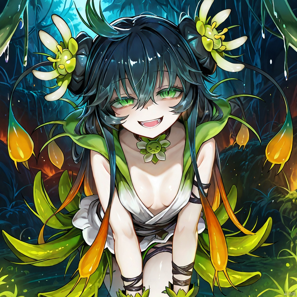 masterpiece, best quality, high quality, Traptrix Vesiculo \(ygo\), 1girl, solo, long hair, smile, open mouth, black hair, hair ornament,
