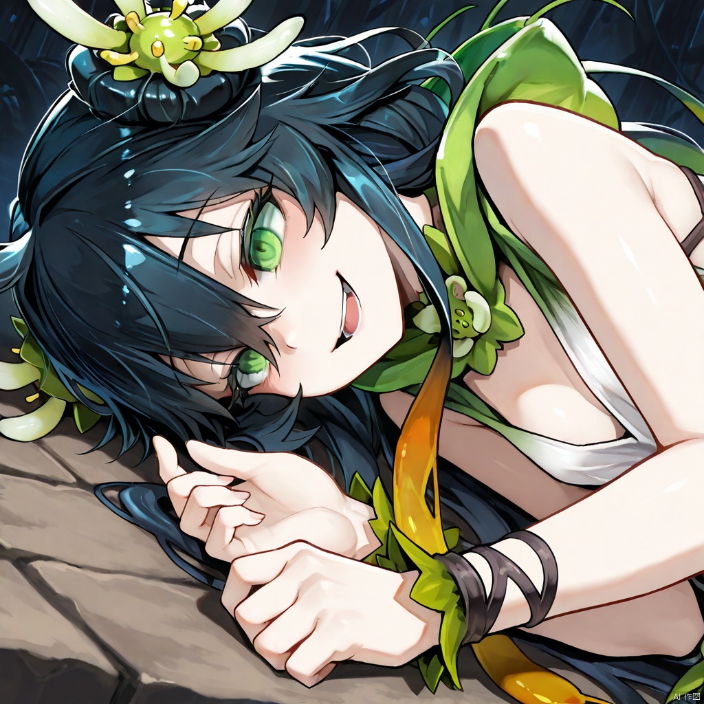 masterpiece, best quality, high quality, Traptrix Vesiculo \(ygo\), 1girl, solo, long hair, smile, open mouth, black hair, hair ornament, sideways, lying, upper body,