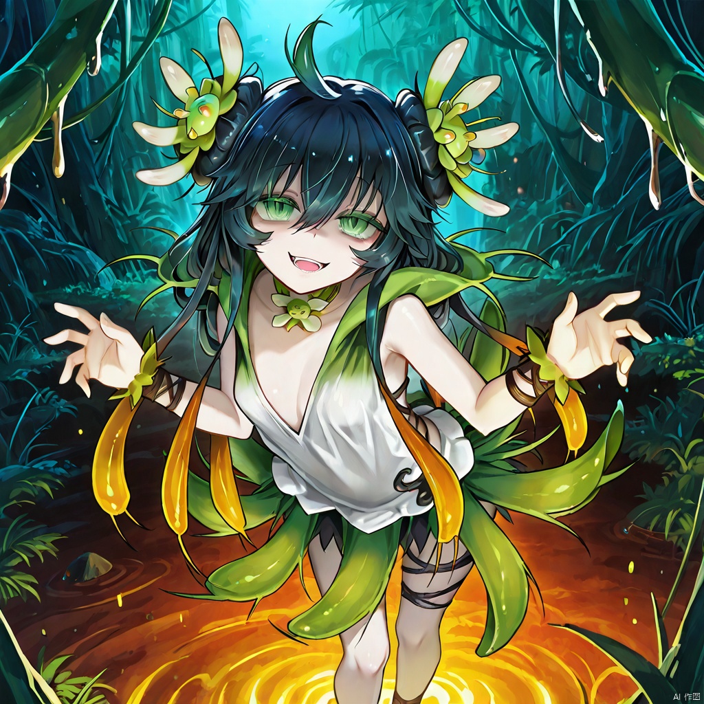 masterpiece, best quality, high quality, Traptrix Vesiculo \(ygo\), 1girl, solo, long hair, smile, open mouth, black hair, hair ornament, standing,