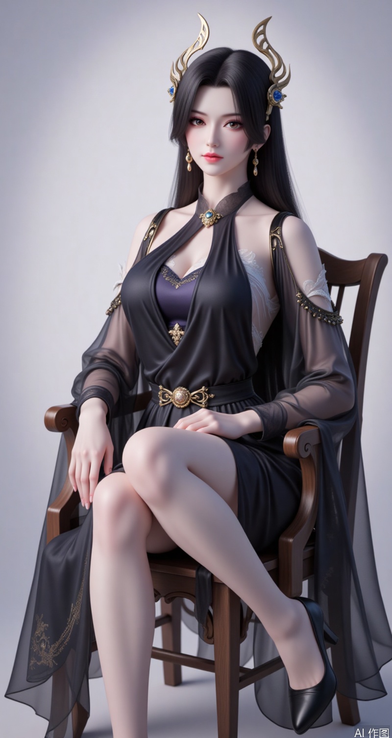caoying,lvjing,black hair,long hair,brown eyes,fair_skin,jewelry,earrings,hair_ornament,1girl,high heels,dress,jewelry,hair ornament,black footwear,black hair,solo,bare legs,earrings,chinese clothes,black dress,sitting,chair,legs,blurry background,cover,simple background,gradient_background,Close-up details,outstanding style,adding a touch of dimension to your images without compromising details,close-up