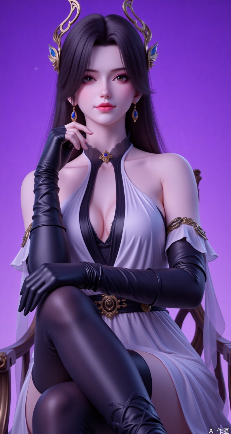 caoying,lvjing,black hair,long hair,brown eyes,fair_skin,jewelry,earrings,hair_ornament,fair_skin,1girl,breasts,gloves,solo,latex,earrings,jewelry,thighhighs,sitting,elbow gloves,navel,boots,large breasts,thigh boots,dress,crossed legs,chair,high heels,shiny clothes,black gloves,looking at viewer,black footwear,latex gloves,high heel boots,choker,plunging neckline,black thighhighs,cleavage,parted lips,smile,lips,collarbone,latex legwear,shiny,black choker,white dress,bare shoulders,purple background,armpits,simple background,gradient_background,Close-up details,outstanding style,adding a touch of dimension to your images without compromising details,close-up,lvjing,colorful,
