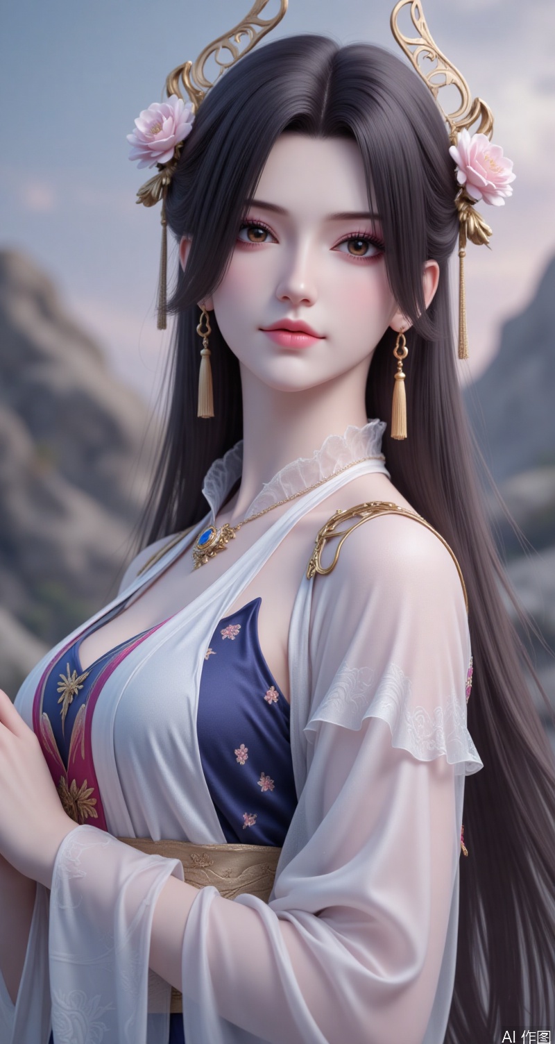 caoying,lvjing,black hair,long hair,brown eyes,fair_skin,jewelry,earrings,hair_ornament,1girl,solo,hair ornament,jewelry,earrings,blurry background,chinese clothes,flower,blurry,long sleeves,dress,hair flower,hanfu,sash,looking at viewer,rock,breasts,see-through,tassel,closed mouth,outdoors,tassel earrings,cover,simple background,gradient_background,Close-up details,outstanding style,adding a touch of dimension to your images without compromising details,close-up,