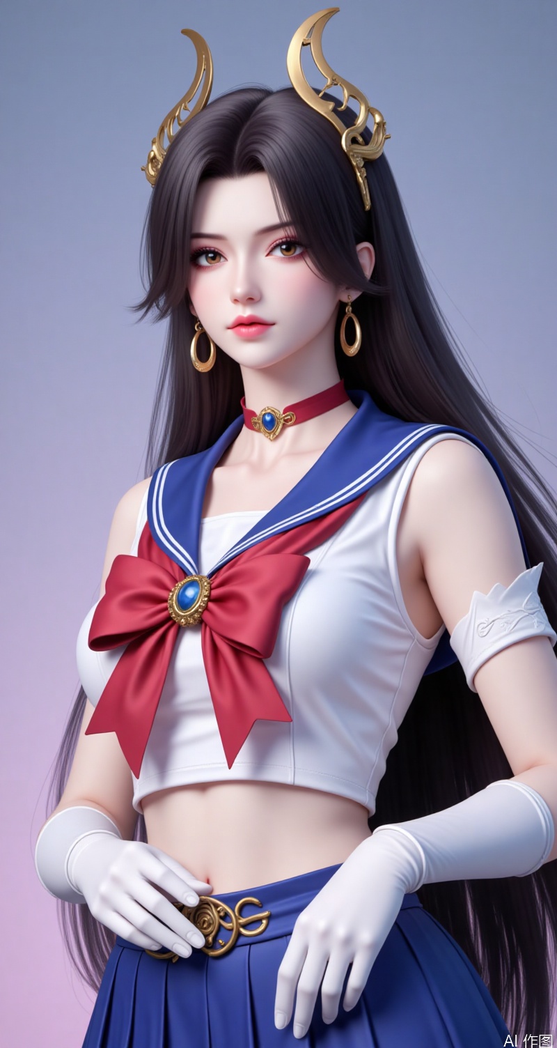 caoying,lvjing,black hair,long hair,brown eyes,fair_skin,jewelry,earrings,hair_ornament,1girl,solo,skirt,sailor senshi uniform,blue sailor collar,jewelry,gloves,sailor collar,blue skirt,choker,white gloves,earrings,crescent earrings,pleated skirt,bow,magical girl,red bow,crescent,elbow gloves,red choker,covered navel,hair ornament,looking at viewer,collarbone,bowtie,circlet, cover,simple background,gradient_background,Close-up details,outstanding style,adding a touch of dimension to your images without compromising details,close-up,lvjing,