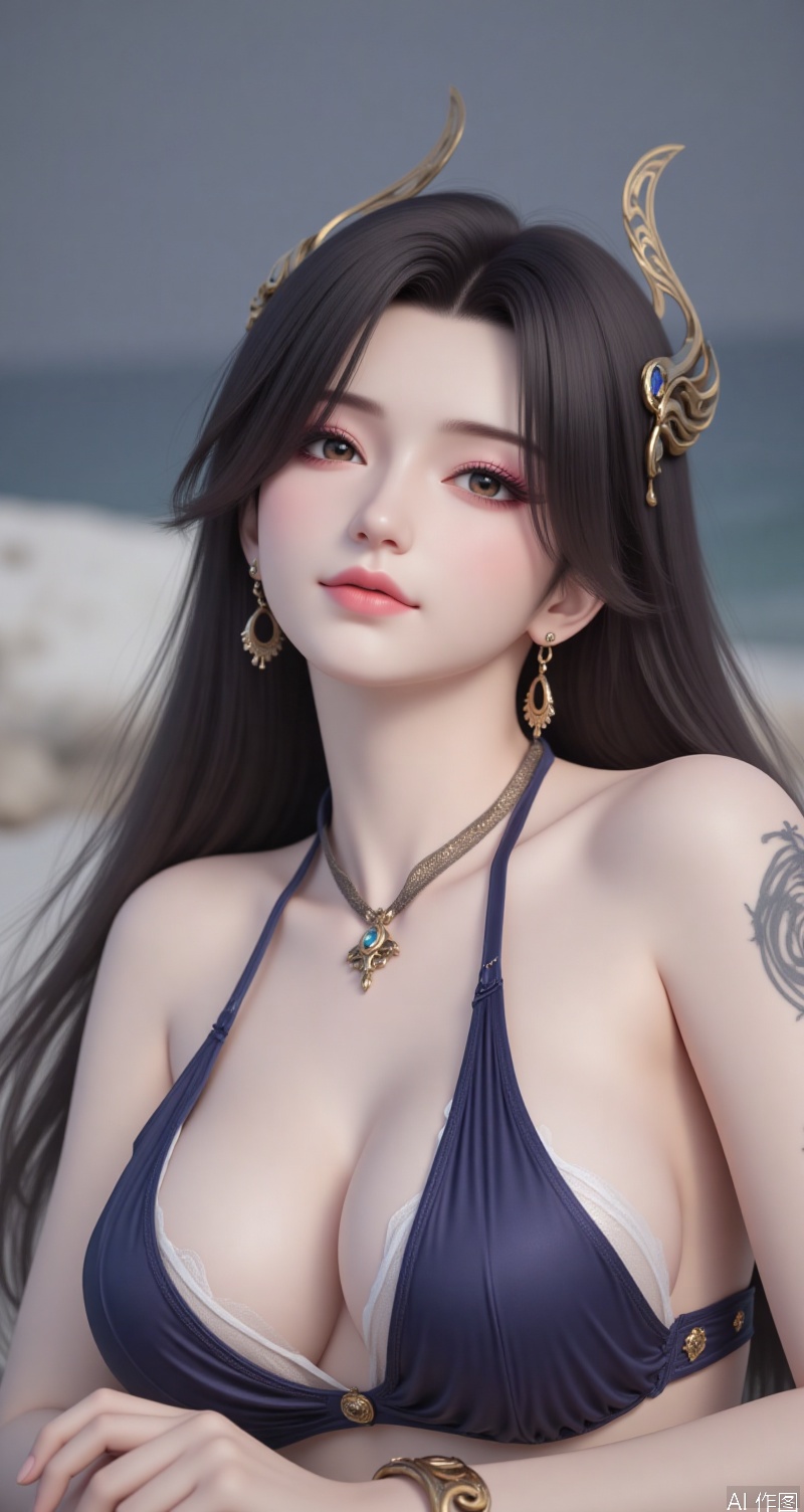 caoying,lvjing,black hair,long hair,brown eyes,fair_skin,jewelry,earrings,hair_ornament,fair_skin, 1girl,swimsuit,breasts,bangs,jewelry,bikini,bangs,solo,navel,looking at viewer,tattoo,earrings,necklace,upside-down,cleavage,bracelet,arm tattoo,blurry background,parted lips,blurry,large breasts,lying,outdoors,shoulder tattoo,medium breasts,stomach,bare shoulders,lips,sideways,smile,string bikini, cover,simple background,gradient_background,Close-up details,outstanding style,adding a touch of dimension to your images without compromising details,close-up,lvjing,

