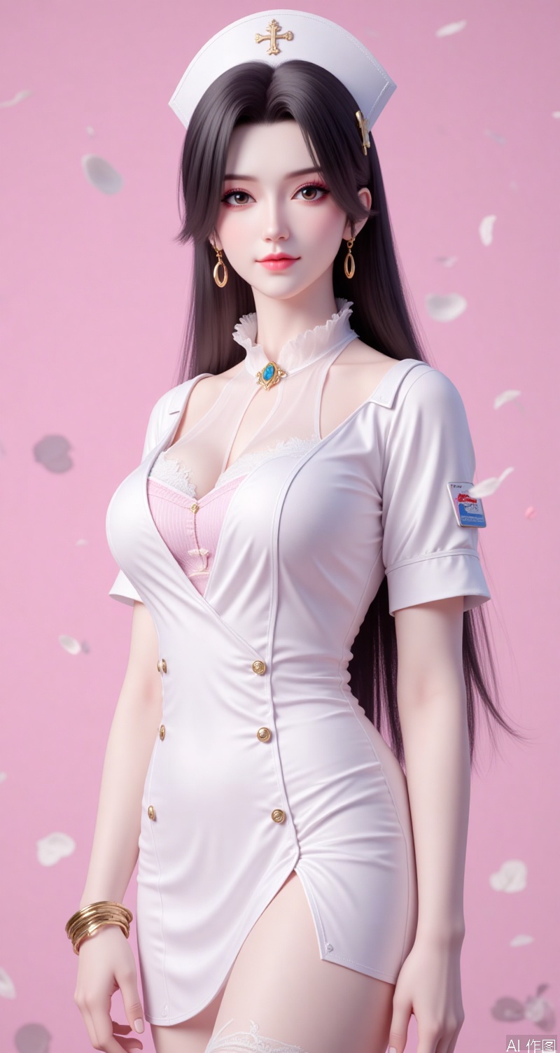 caoying,lvjing,black hair,long hair,brown eyes,fair_skin,jewelry,earrings,hair_ornament,fair_skin,1girl,breasts,solo,jewelry,cleavage,nurse cap,earrings,hat,large breasts,nurse,looking at viewer,choker,bracelet,dress,collarbone,petals,closed mouth,boa hancock,short sleeves,short dress,lips,pink background,cowboy shot,white choker,forehead,white dress,buttons,smile,bangs,thighs,parted bangs,bangle,name tag,simple background,thighhighs,cover,simple background,gradient_background,Close-up details,outstanding style,adding a touch of dimension to your images without compromising details,close-up,absurdres,