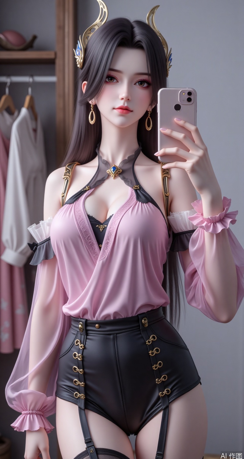 caoying,lvjing,black hair,long hair,brown eyes,fair_skin,jewelry,earrings,hair_ornament,fair_skin,1girl,breasts,jewelry,phone,earrings,thighhighs,choker,solo,cleavage,cellphone,black choker,holding phone,bare shoulders,holding,smartphone,shirt,garter straps,black thighhighs,off-shoulder shirt,leotard,frills,selfie,collarbone,off shoulder,pink shirt,long sleeves,cross-laced clothes,standing,clothes hanger,closed mouth,cowboy shot,high-waist shorts,thighs,indoors,large breasts,see-through,shorts,medium breasts, cover,simple background,gradient background,close-up details,outstanding style,adding a touch of dimension to your images without compromising details,close-up,